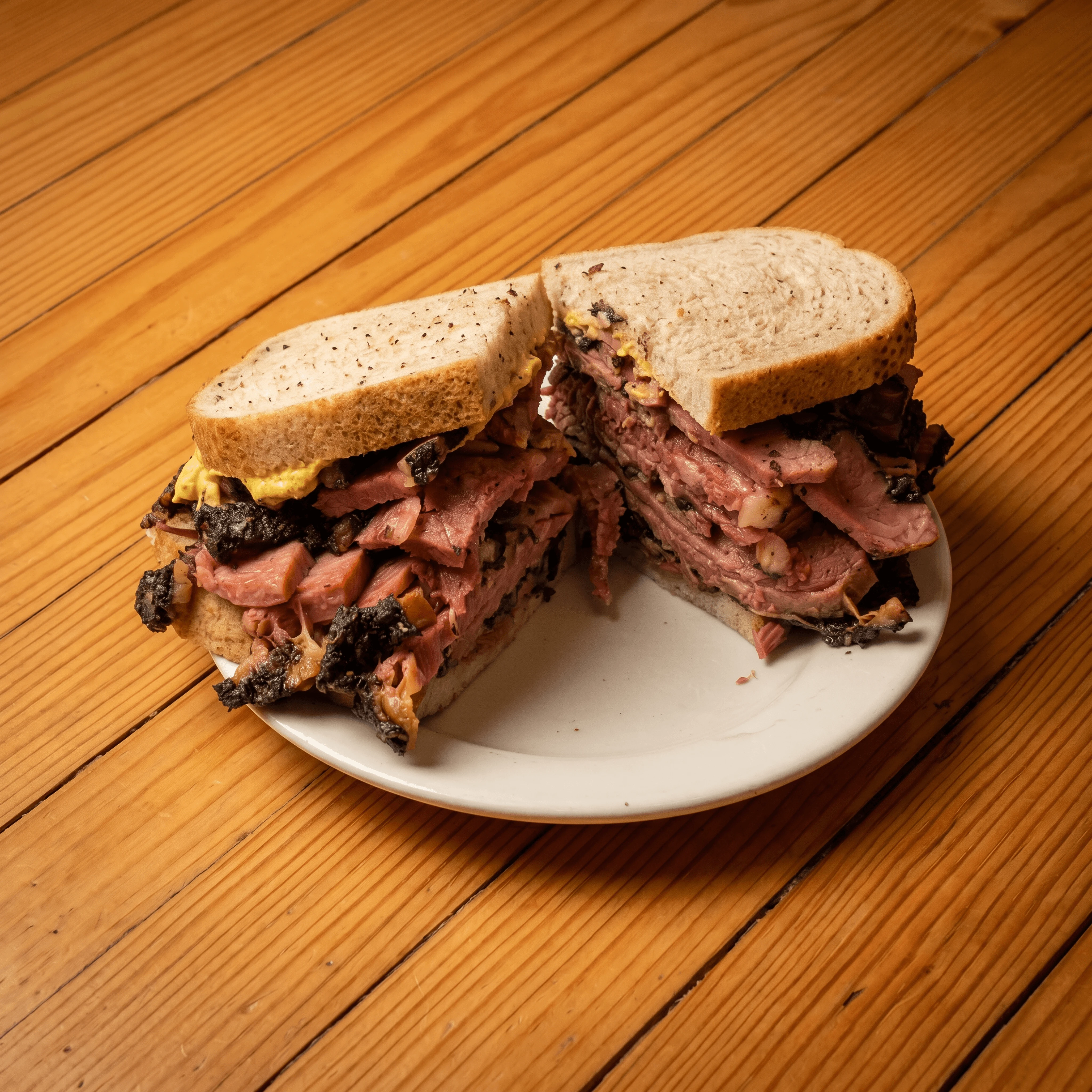 Iconic NYC pastrami on rye towering pile mustard — sandwich FAQ sidebar photography