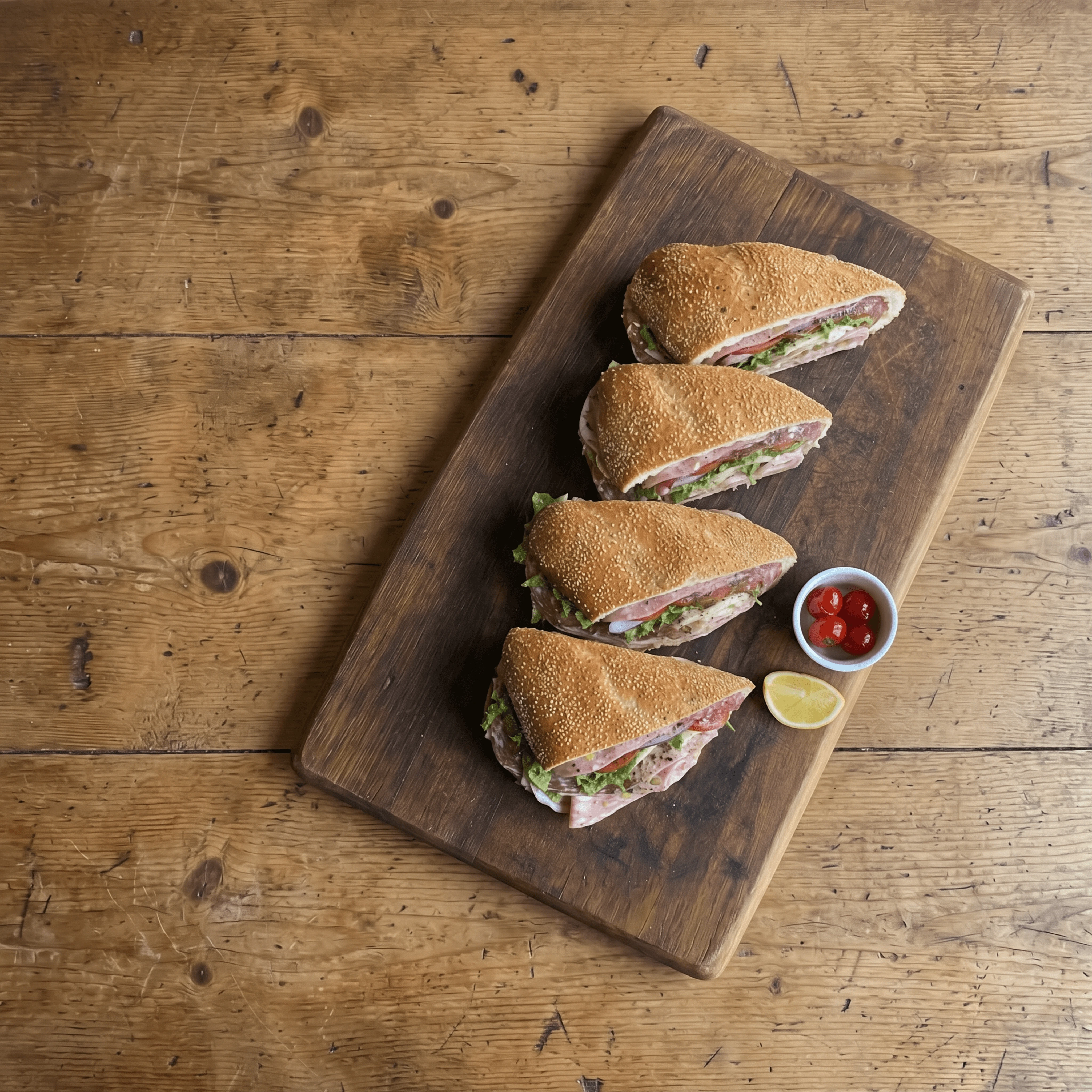 Italian sub overhead torpedo roll mortadella salami capicola provolone — NYC Italian deli sandwich hero photography