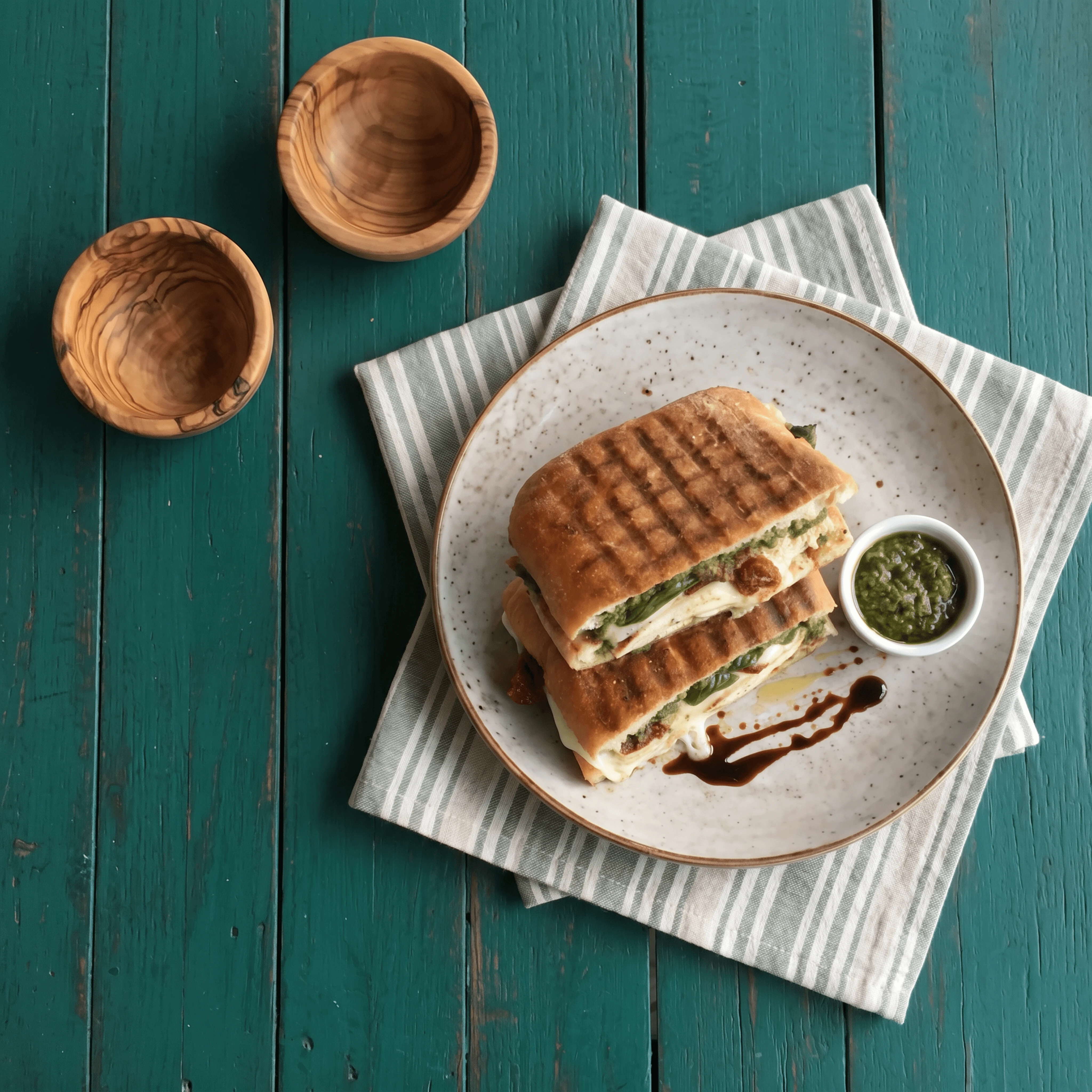 Pressed Italian panini chicken mozzarella sun-dried tomato basil grill marks — panini cafe sandwich hero photography