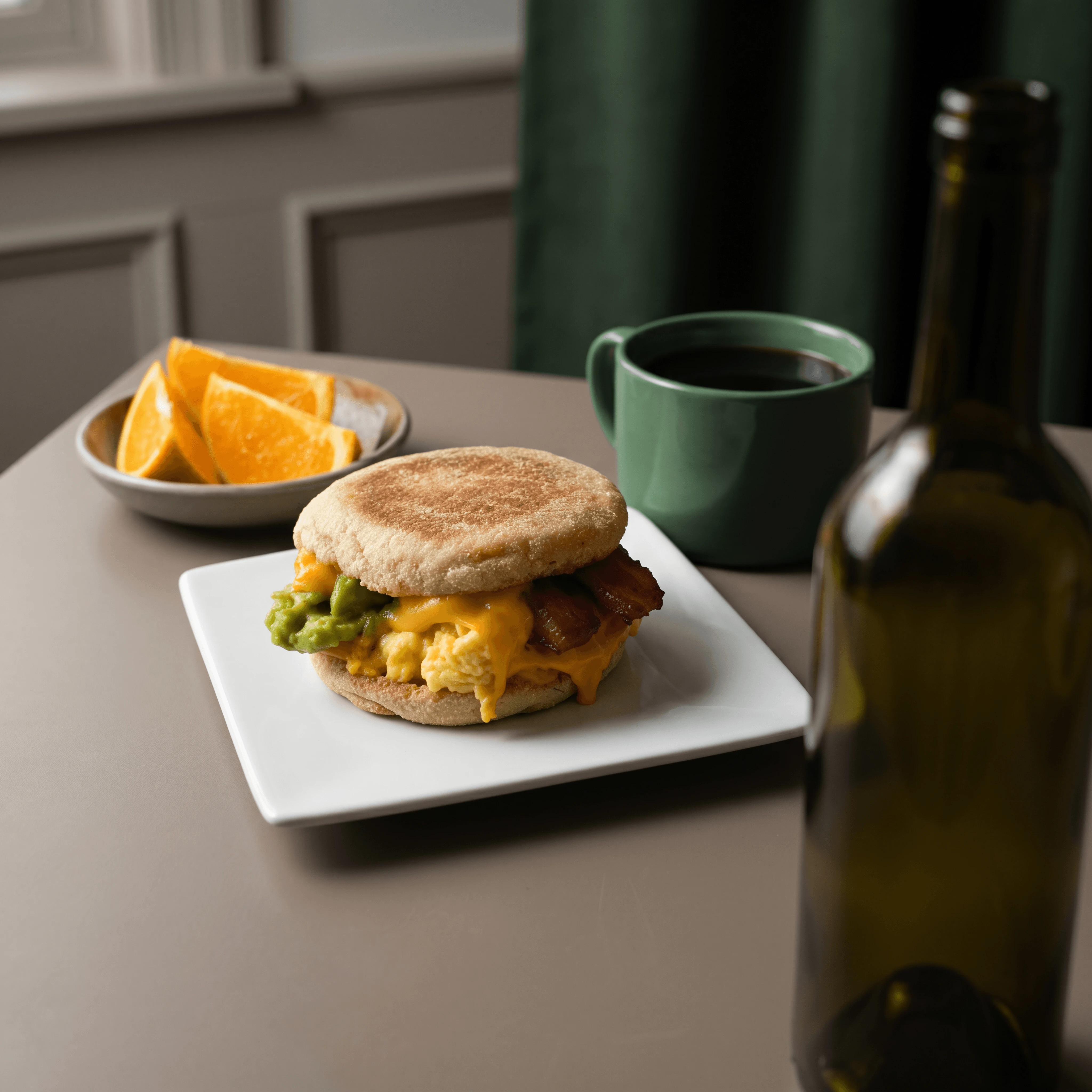 Breakfast sandwich English muffin egg cheese bacon — diner breakfast sandwich hero photography
