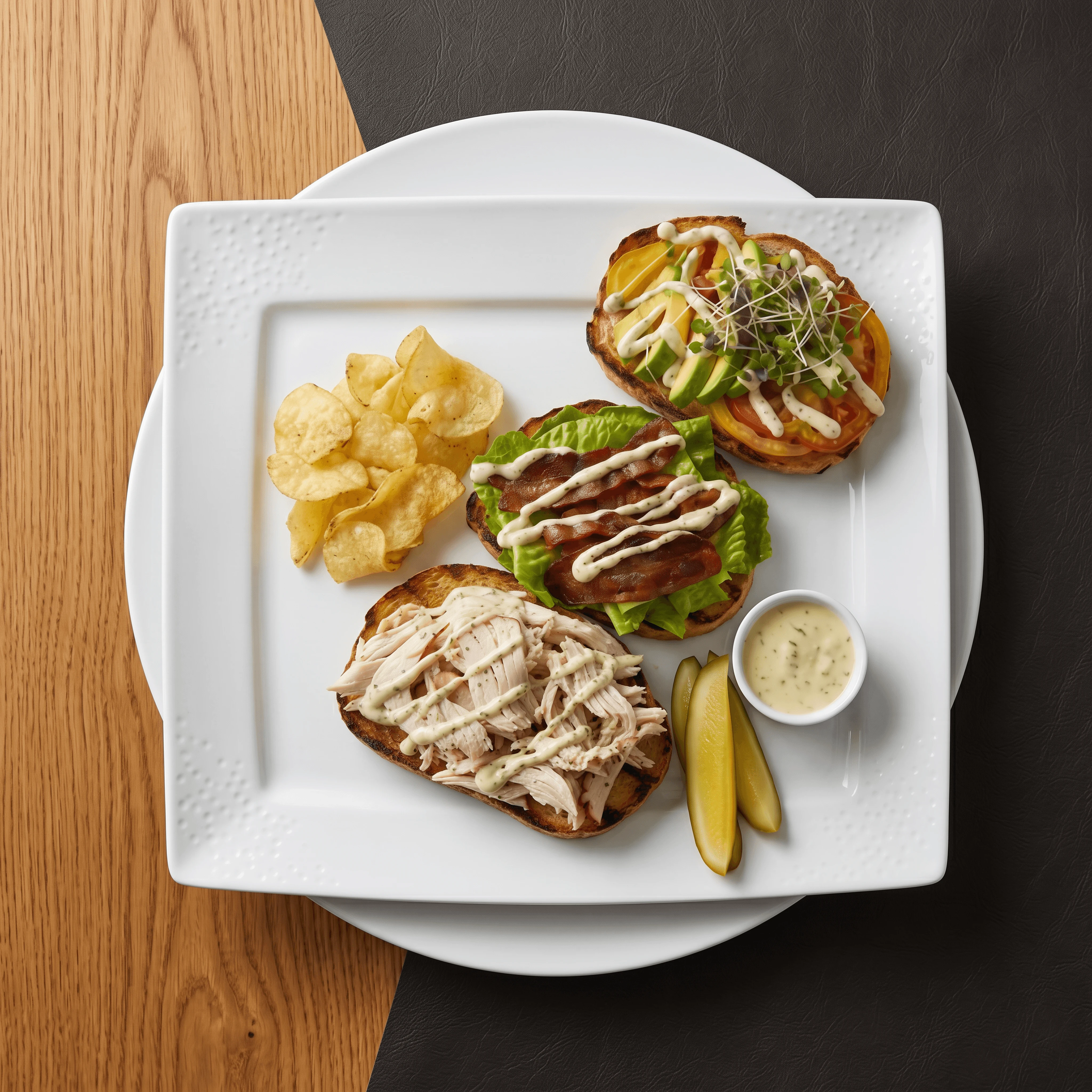 Open face turkey club bacon avocado tomato triple decker — sandwich hero photography