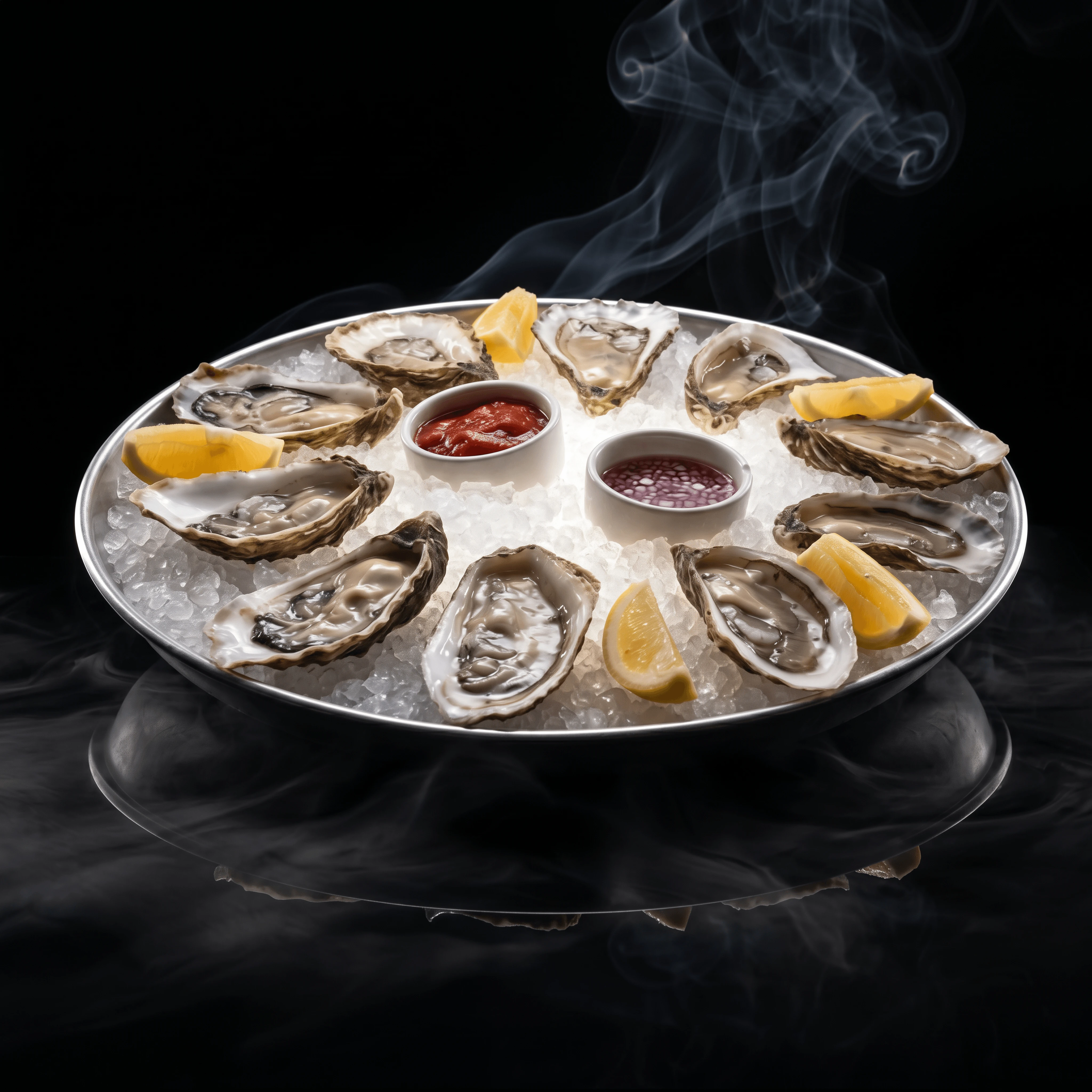 Dozen oysters half shell shaved ice mignonette lemon — raw bar oyster card photography