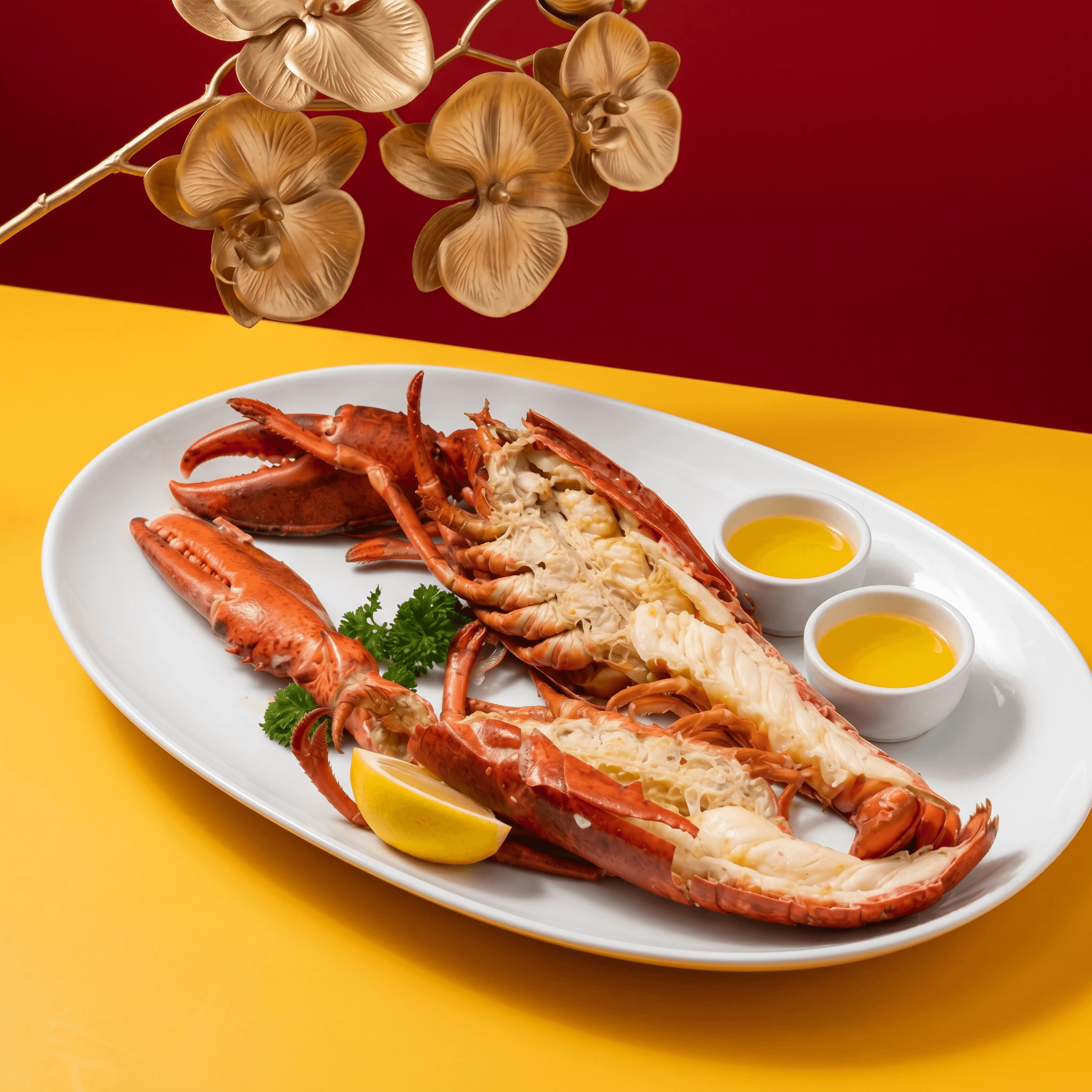 Whole split Maine lobster butter ramekin parsley lemon — New England lobster card photography