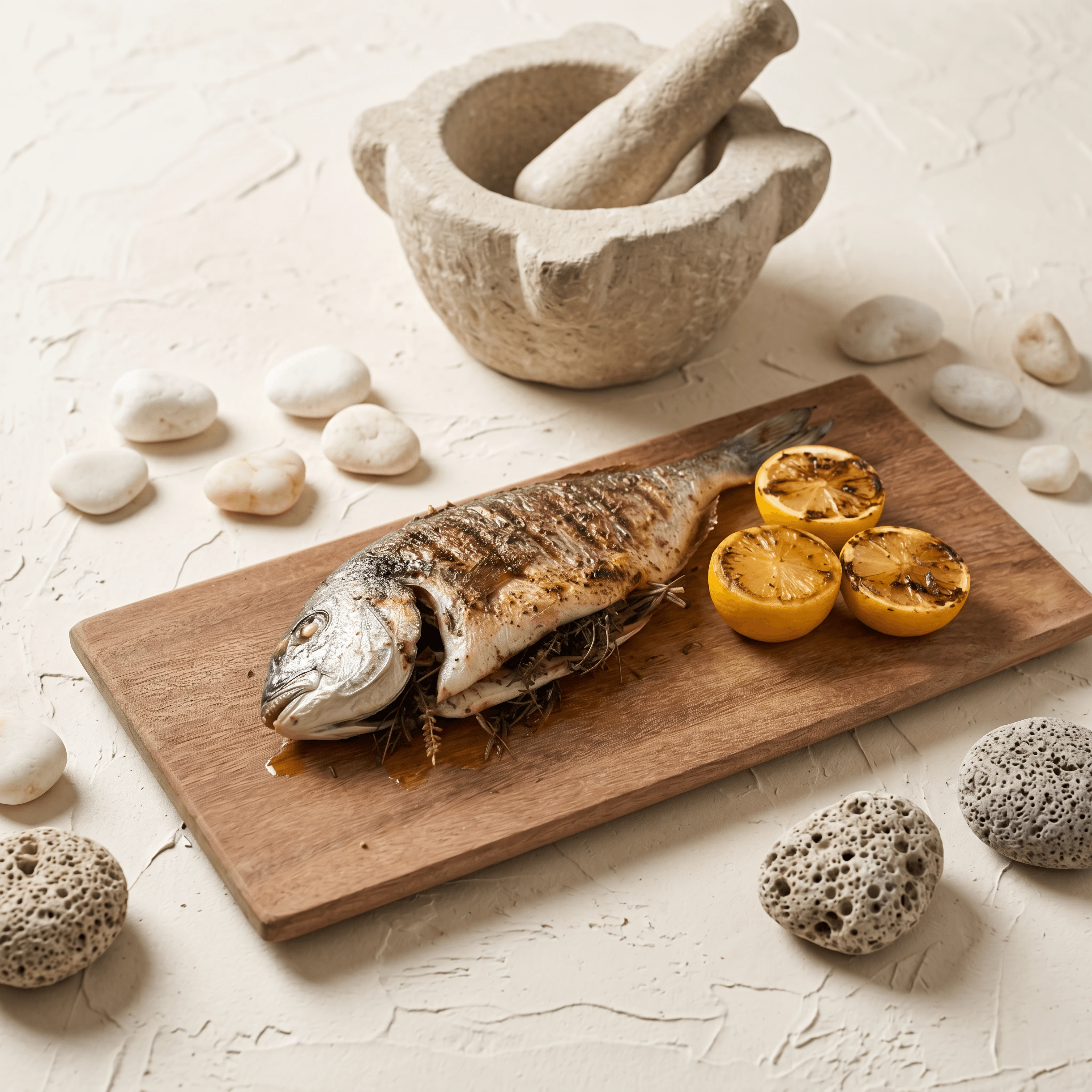 Whole roasted dorade wooden board charred lemon herbs — Mediterranean seafood card photography
