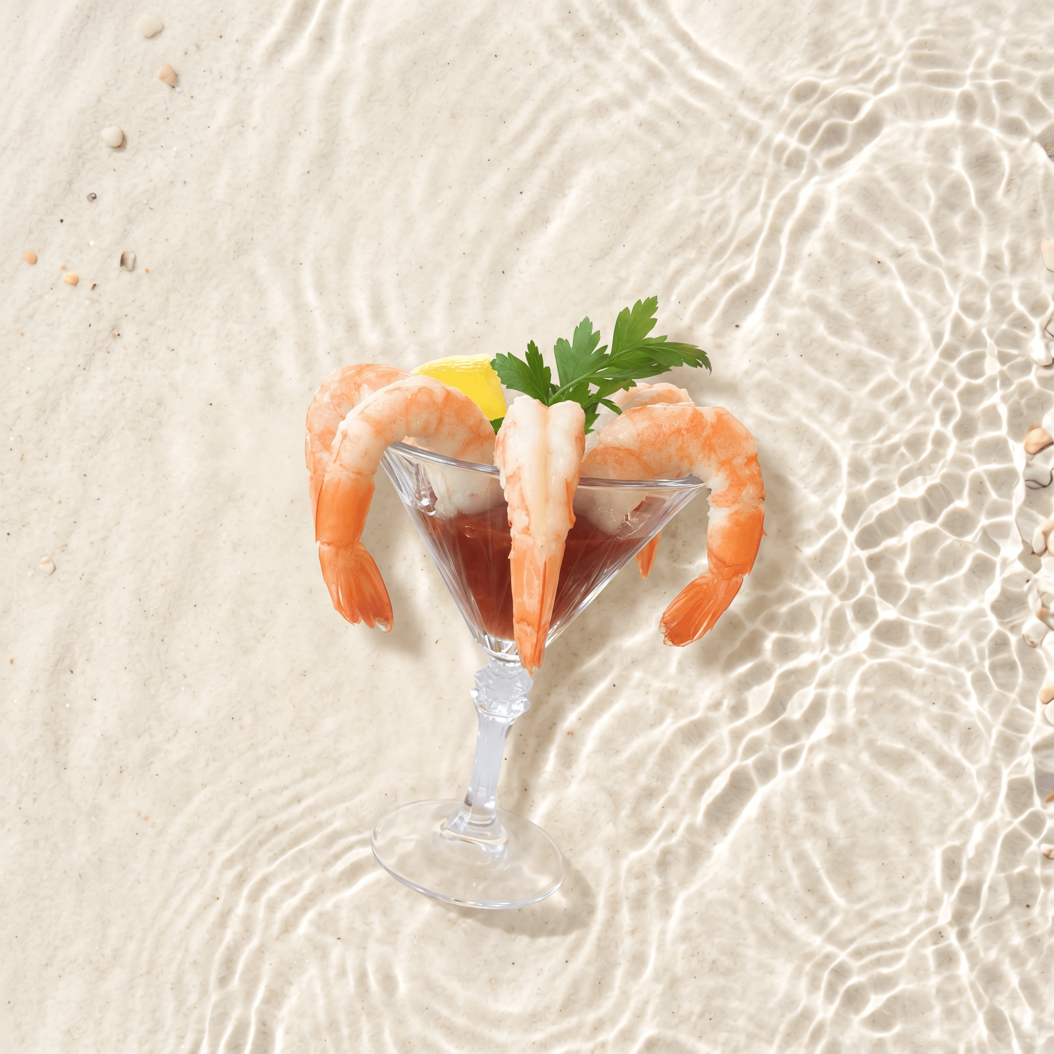 Classic shrimp cocktail martini glass cocktail sauce lemon — shrimp cocktail card photography