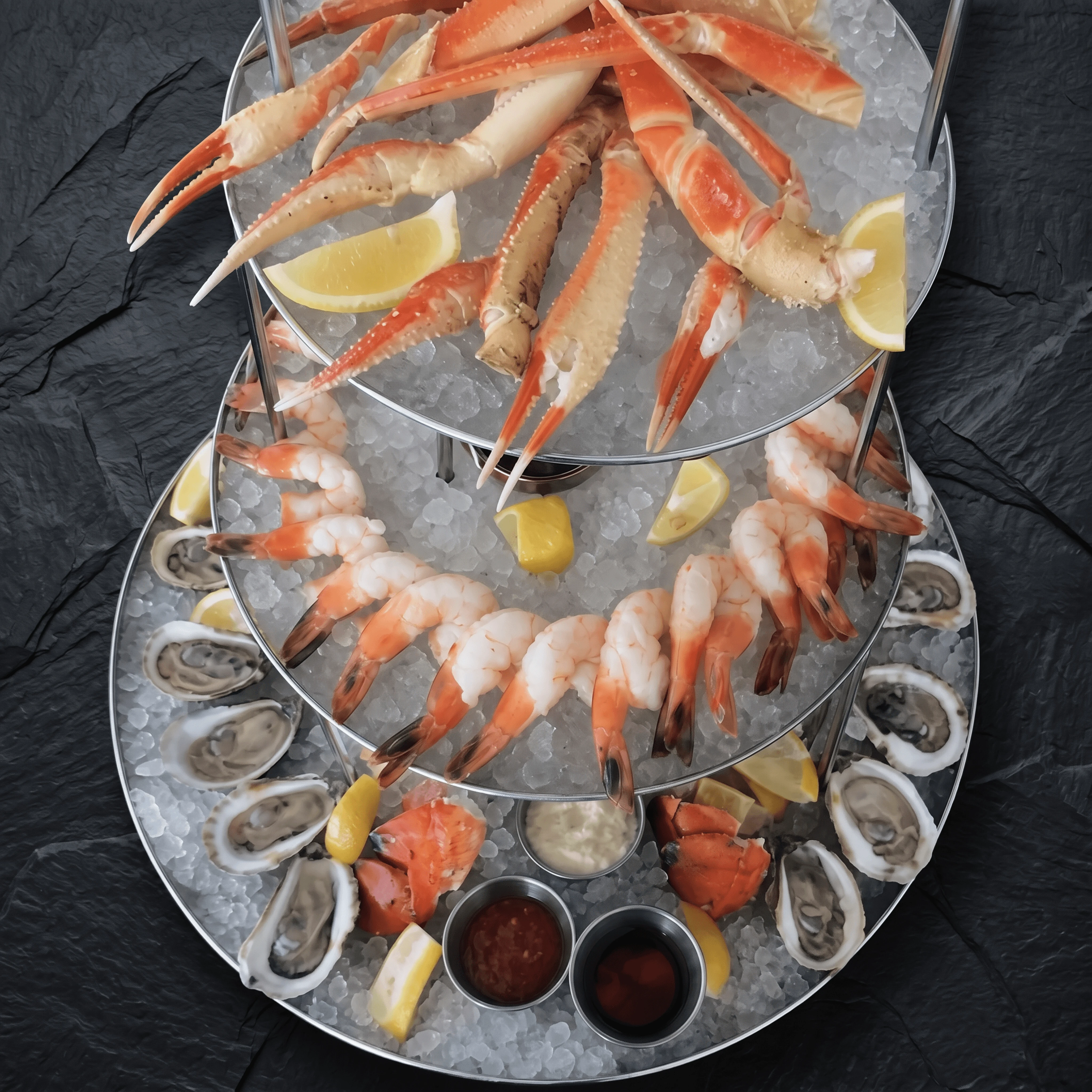 Three tier seafood tower crab shrimp oysters lobster ice top down — seafood tower card photography