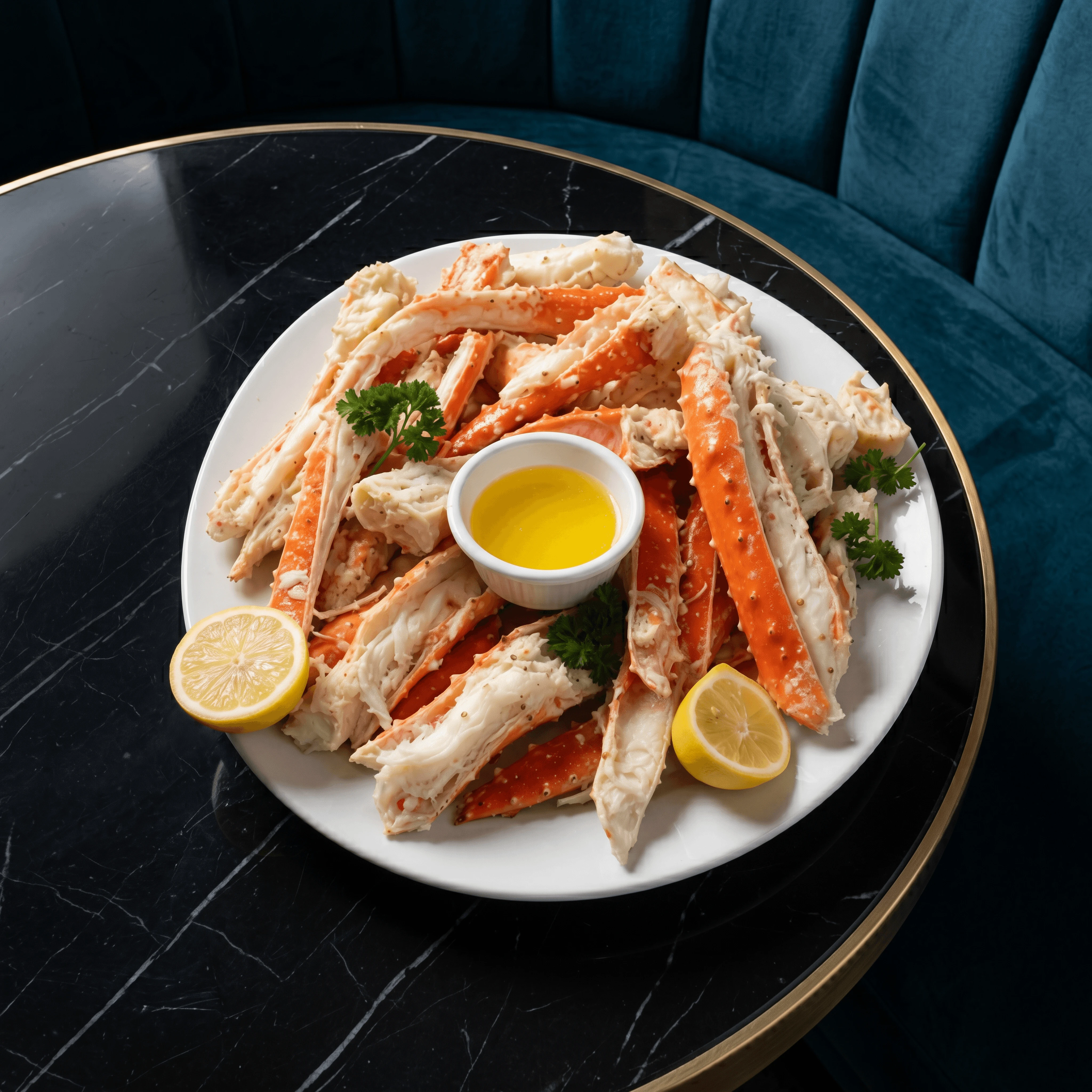 King crab legs split drawn butter parsley dramatic — crab legs card photography