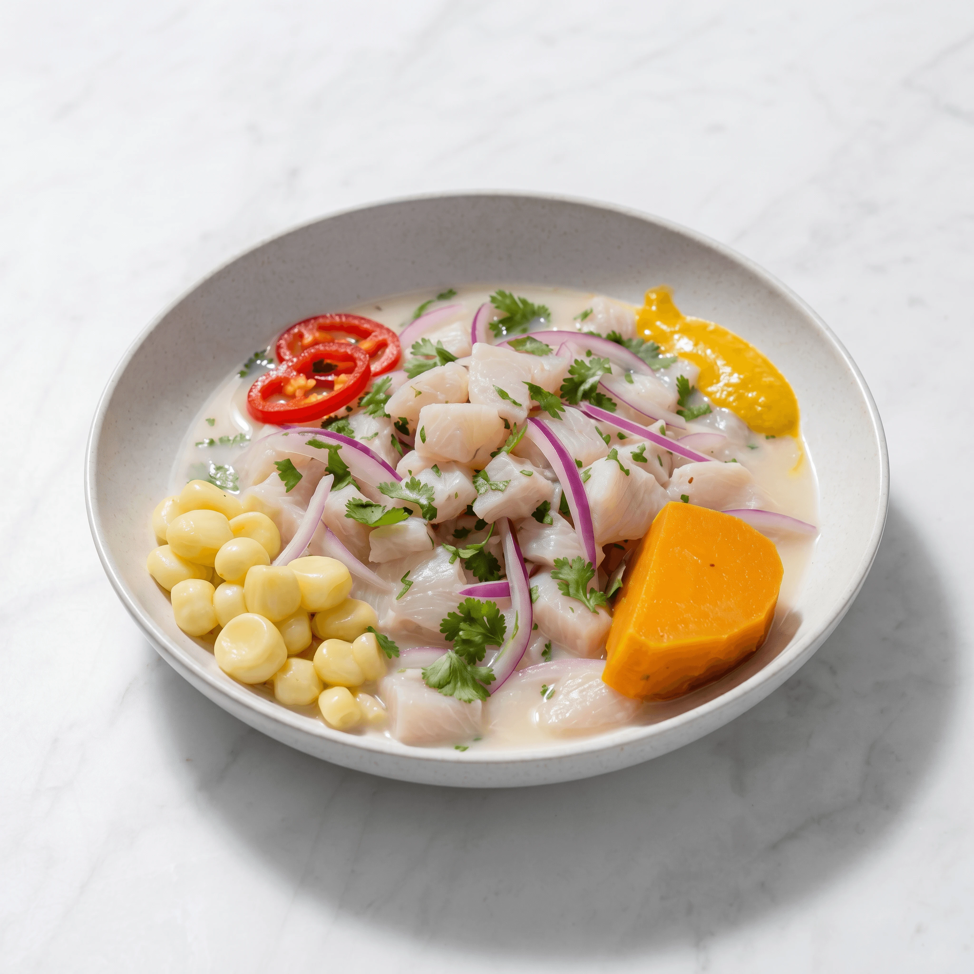 Sea bass ceviche leche de tigre sweet potato choclo — Peruvian ceviche card photography