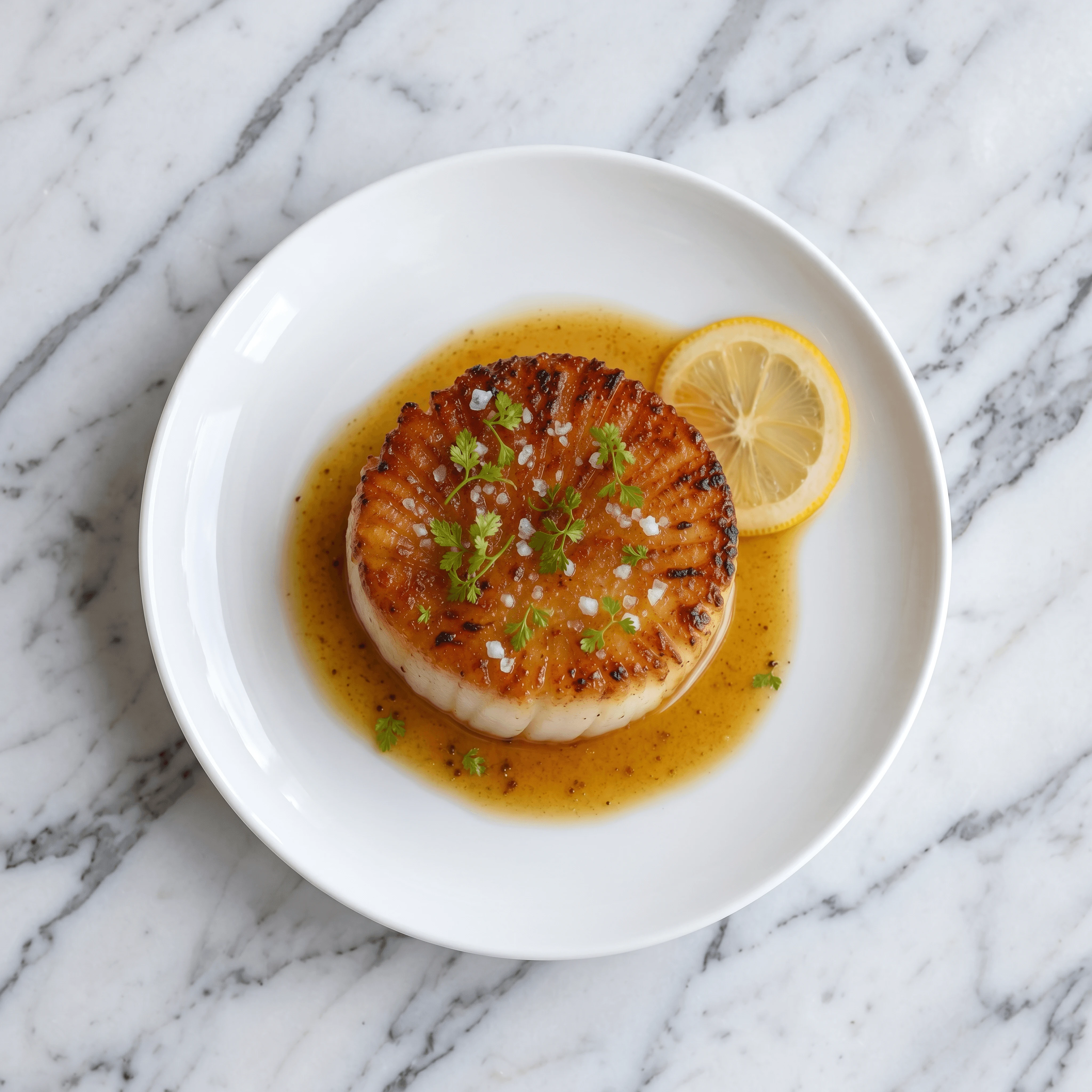 Single seared diver scallop brown butter plate macro — iconic seafood FAQ sidebar photography
