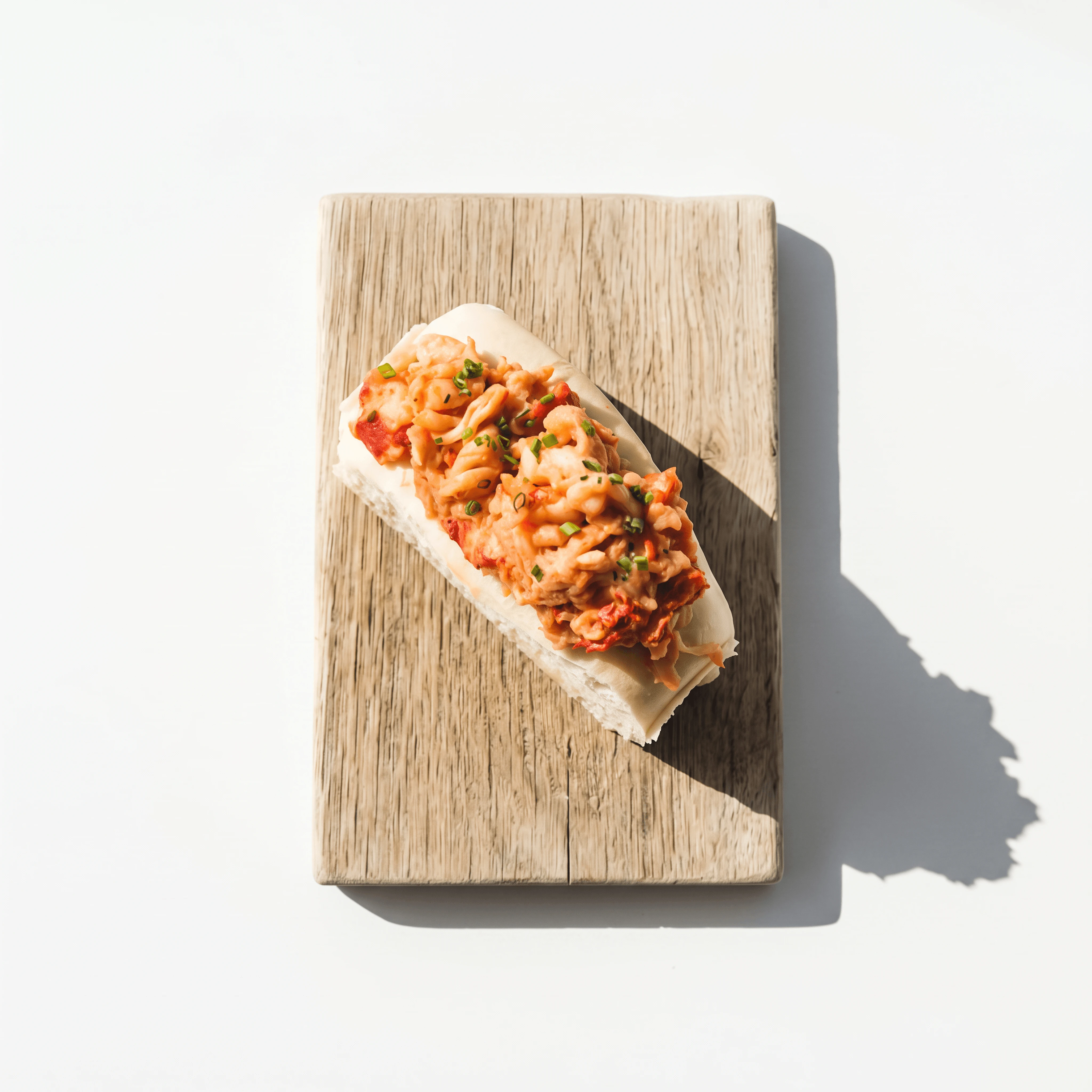 Maine lobster roll toasted brioche bun butter chunks — New England seafood hero photography