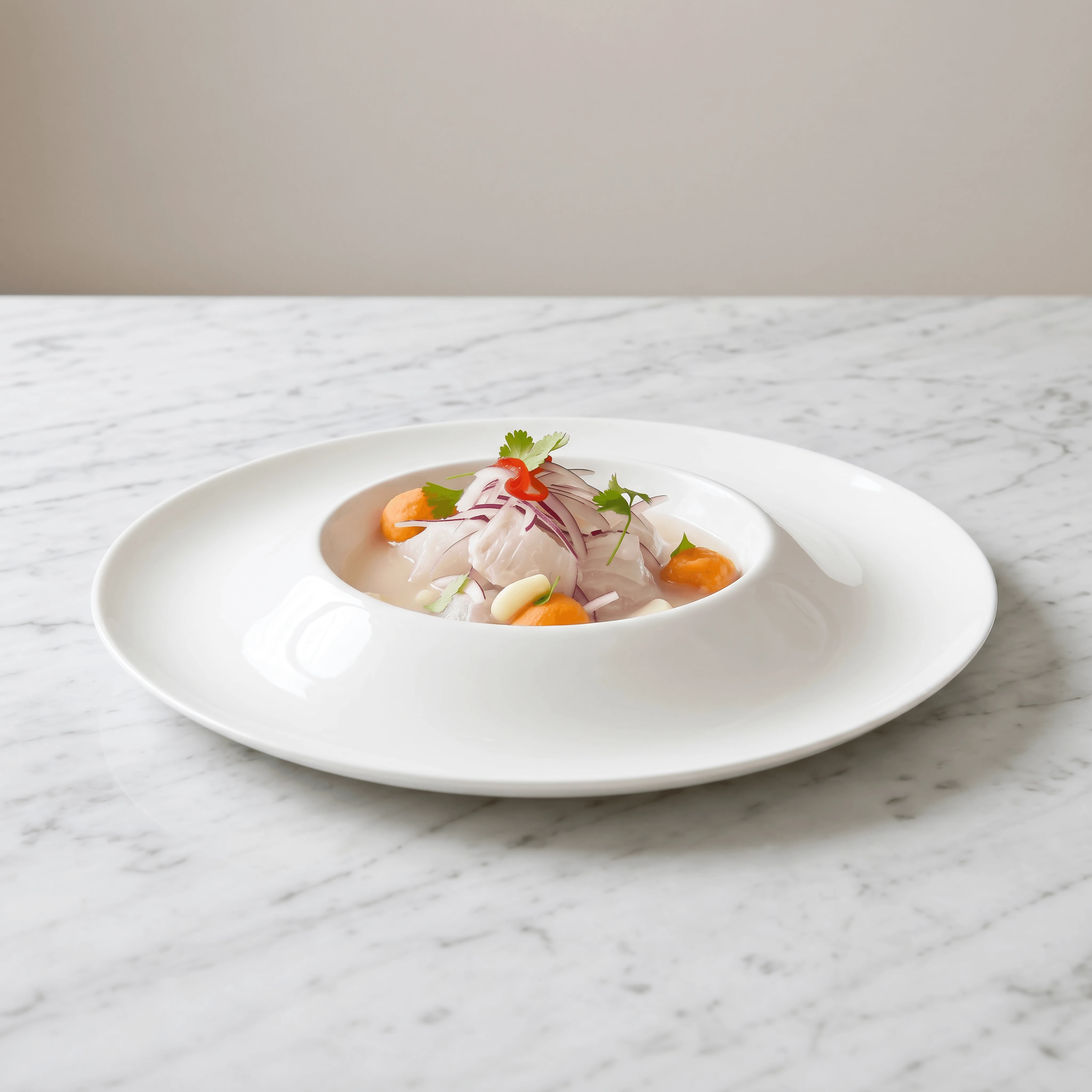 Peruvian shrimp ceviche bowl red onion lime cilantro — fresh ceviche hero photography