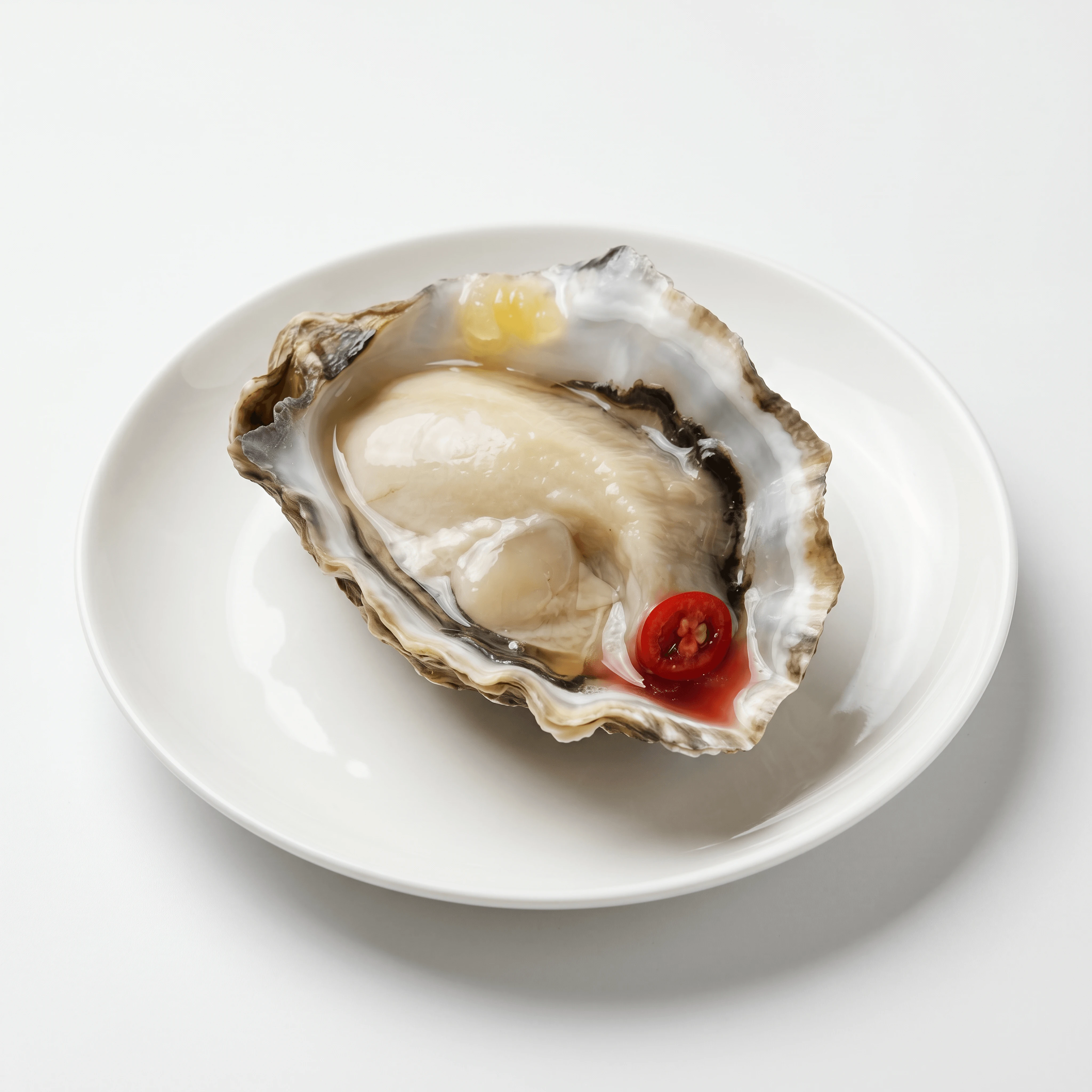 Single oyster half shell mignonette macro shucked — raw bar oyster hero photography