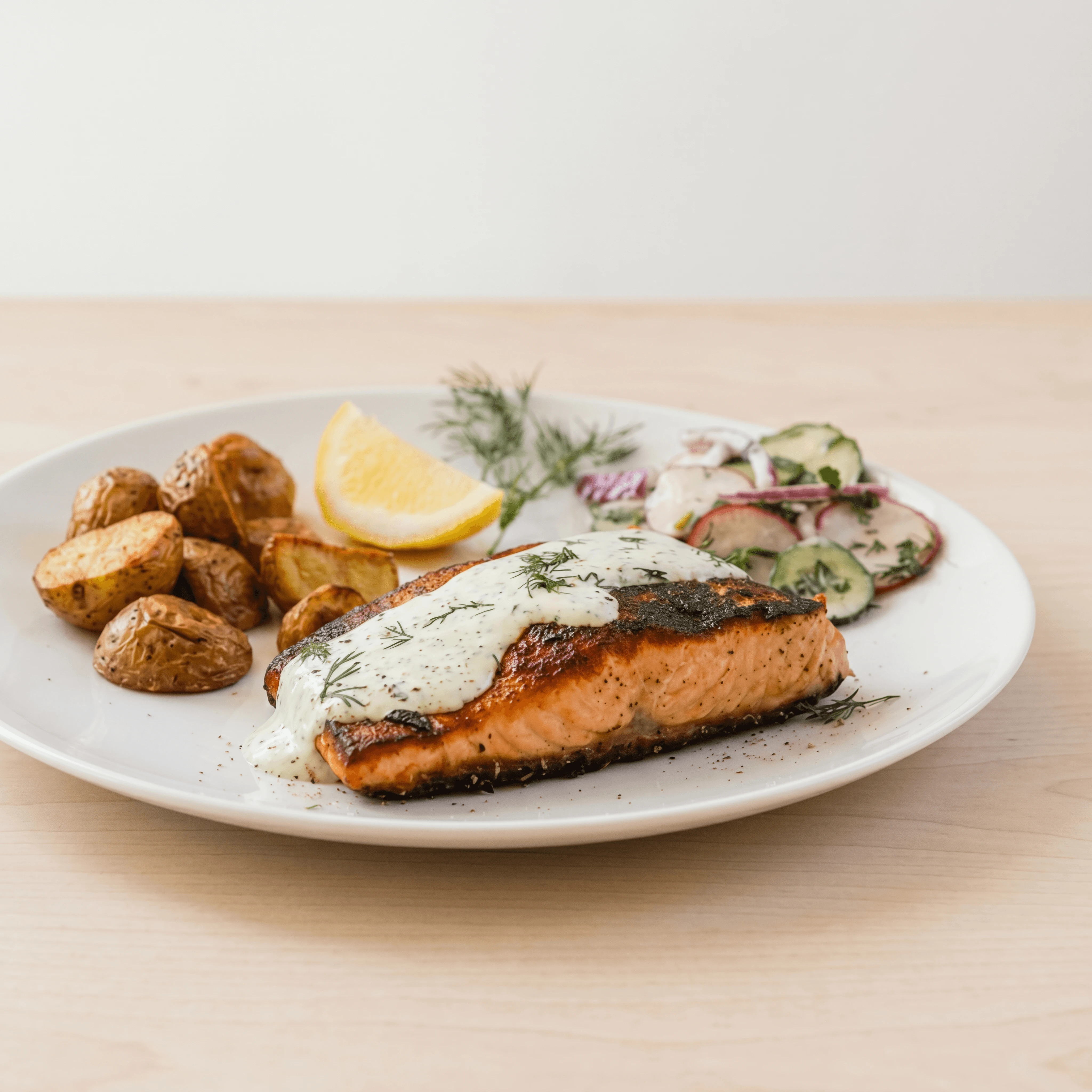 Pan seared salmon fillet lemon herbs plate — Western seafood hero photography