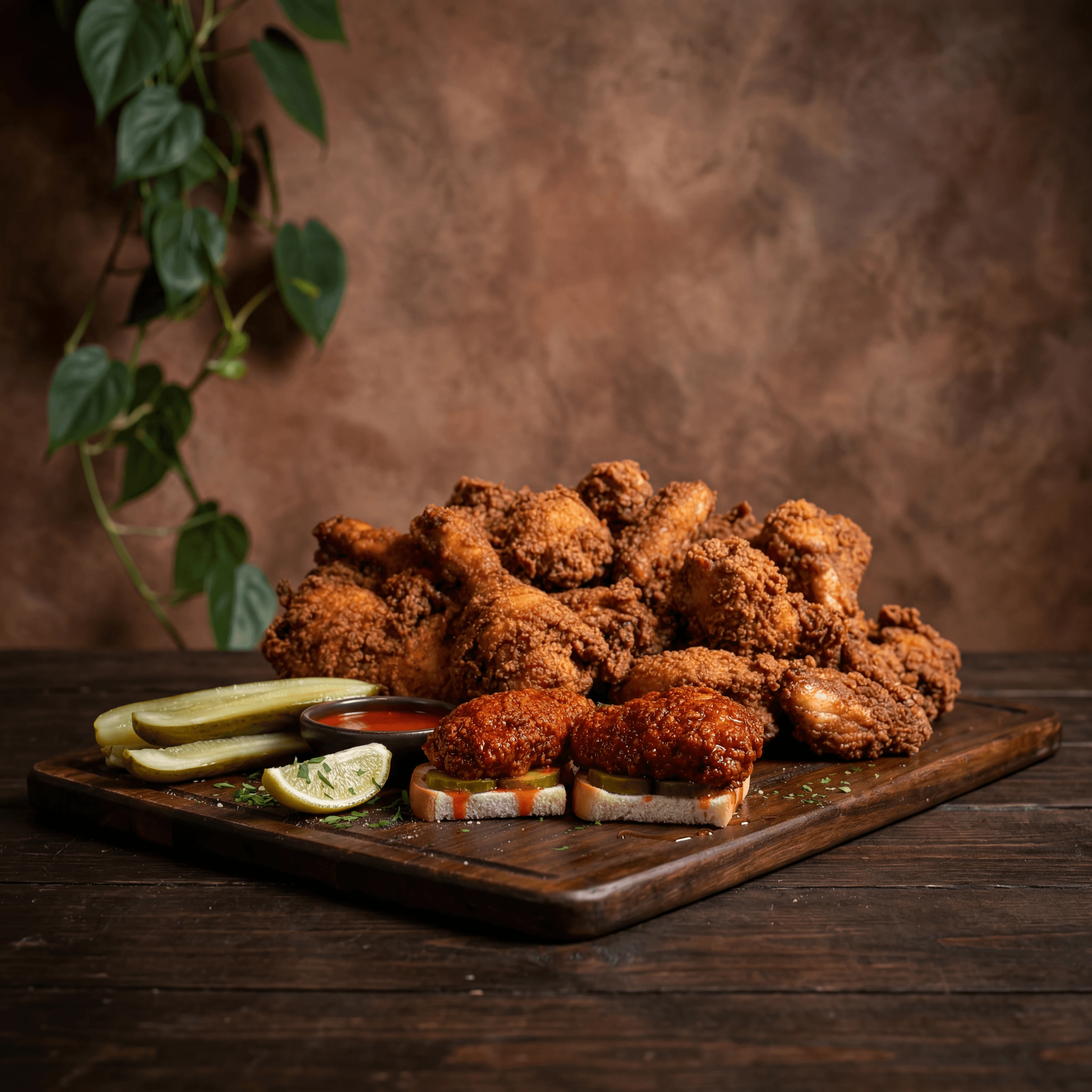 Buttermilk fried chicken golden crust Nashville hot dramatic rustic — fried chicken card photography