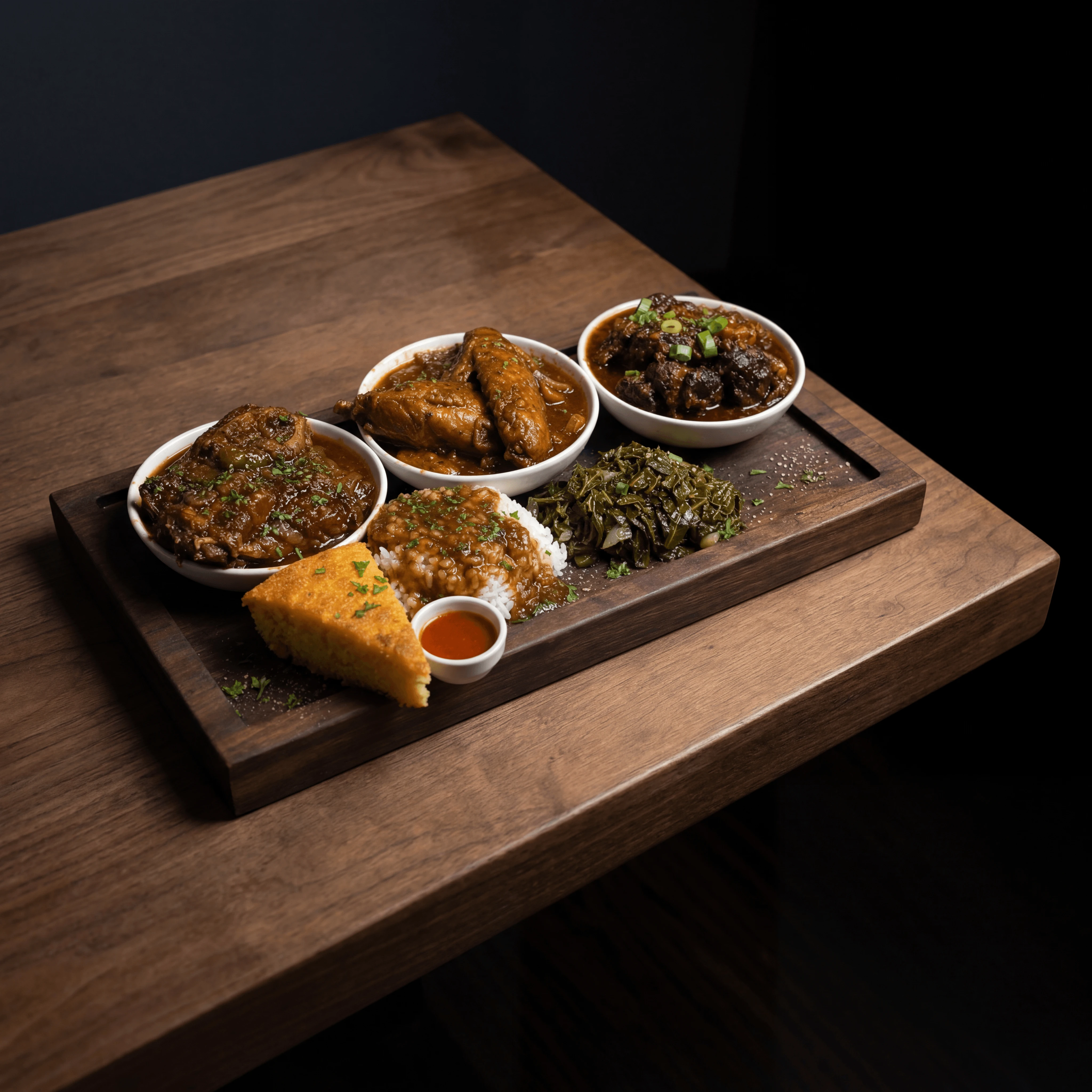 Smothered pork chops turkey wings oxtails gravy soul food dark walnut — smothered meats card photography