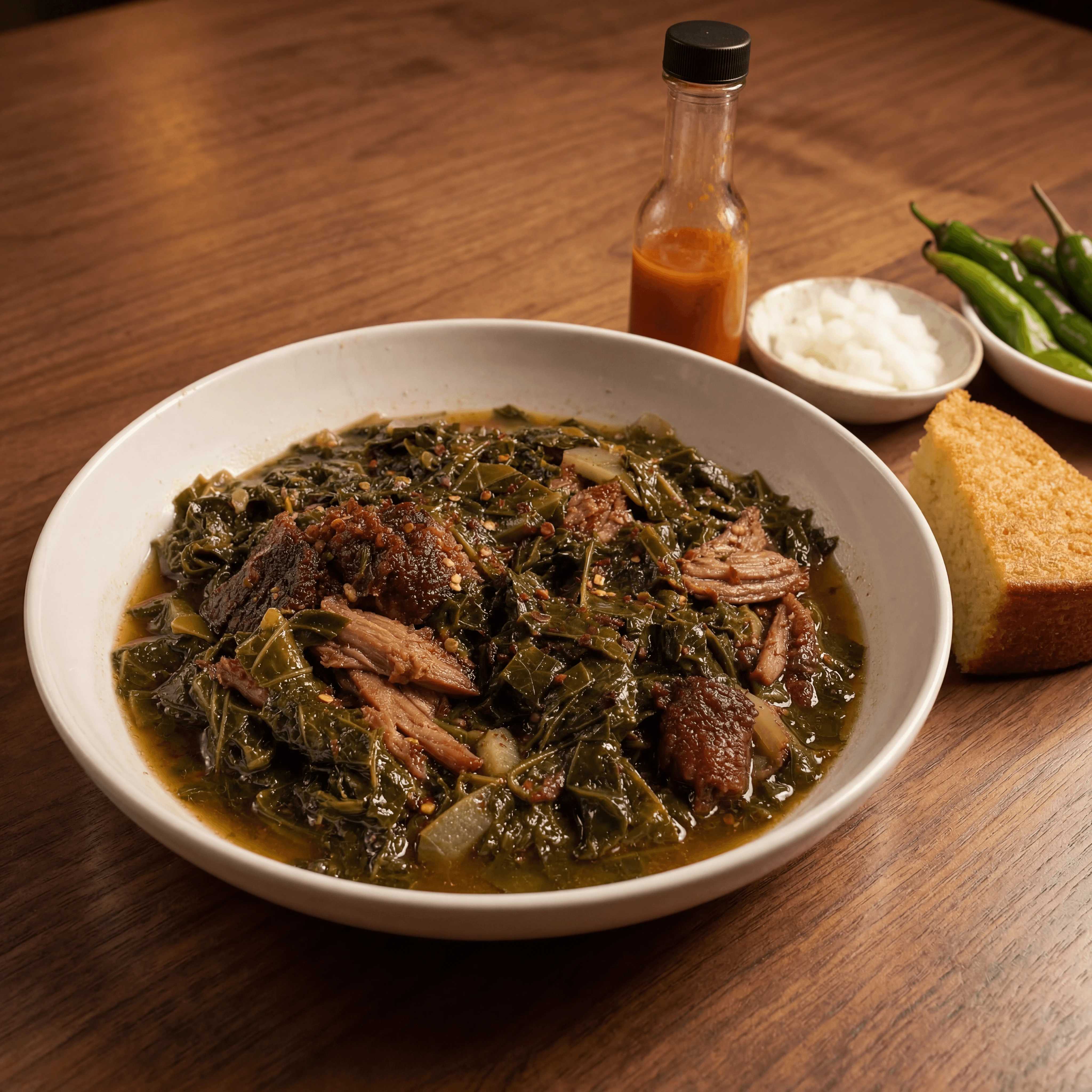 Collard greens pot likker smoked turkey ham hock soul food bowl warm cantina — collard greens card photography