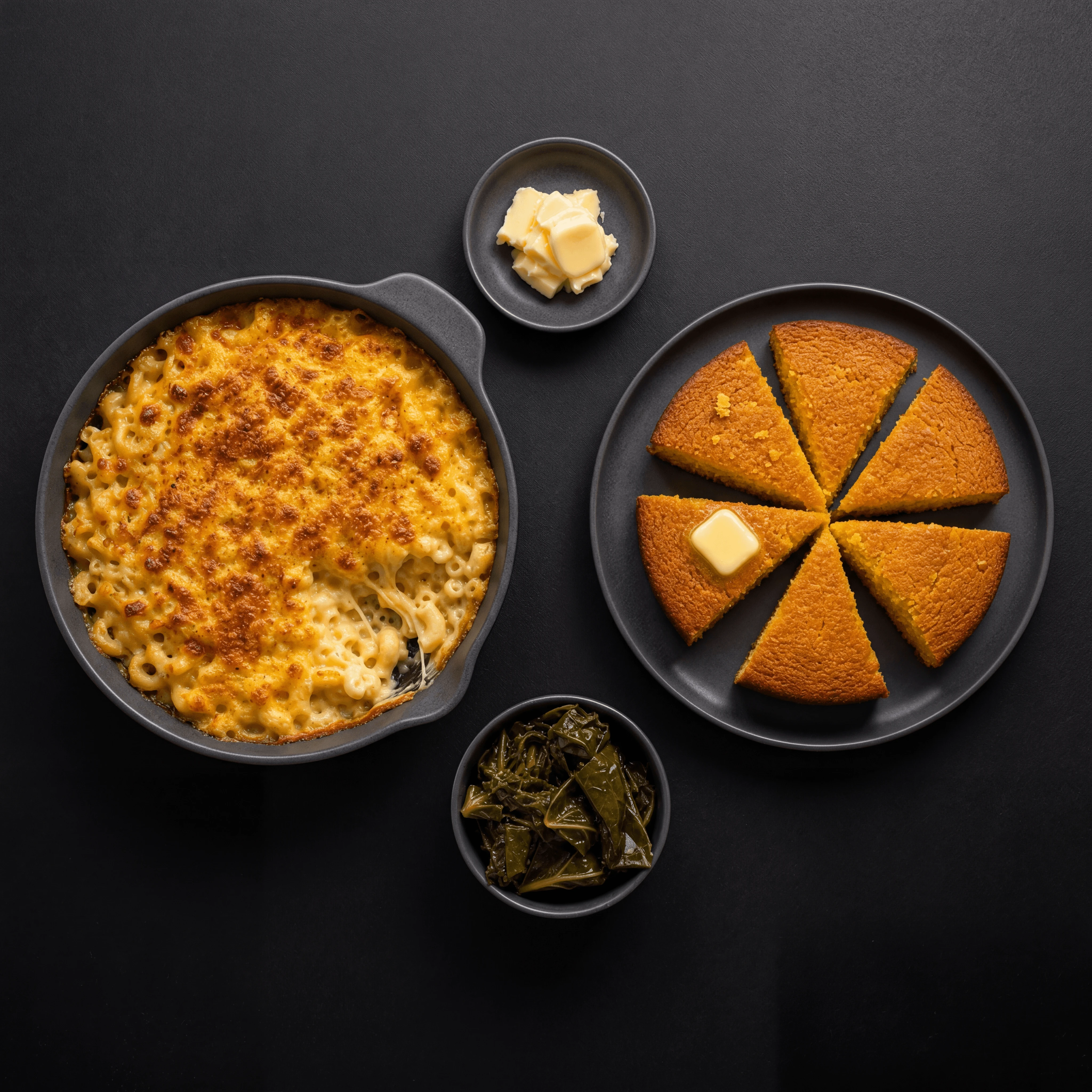Baked mac and cheese crispy top cornbread skillet soul food overhead dark monolith — mac cheese cornbread card photography