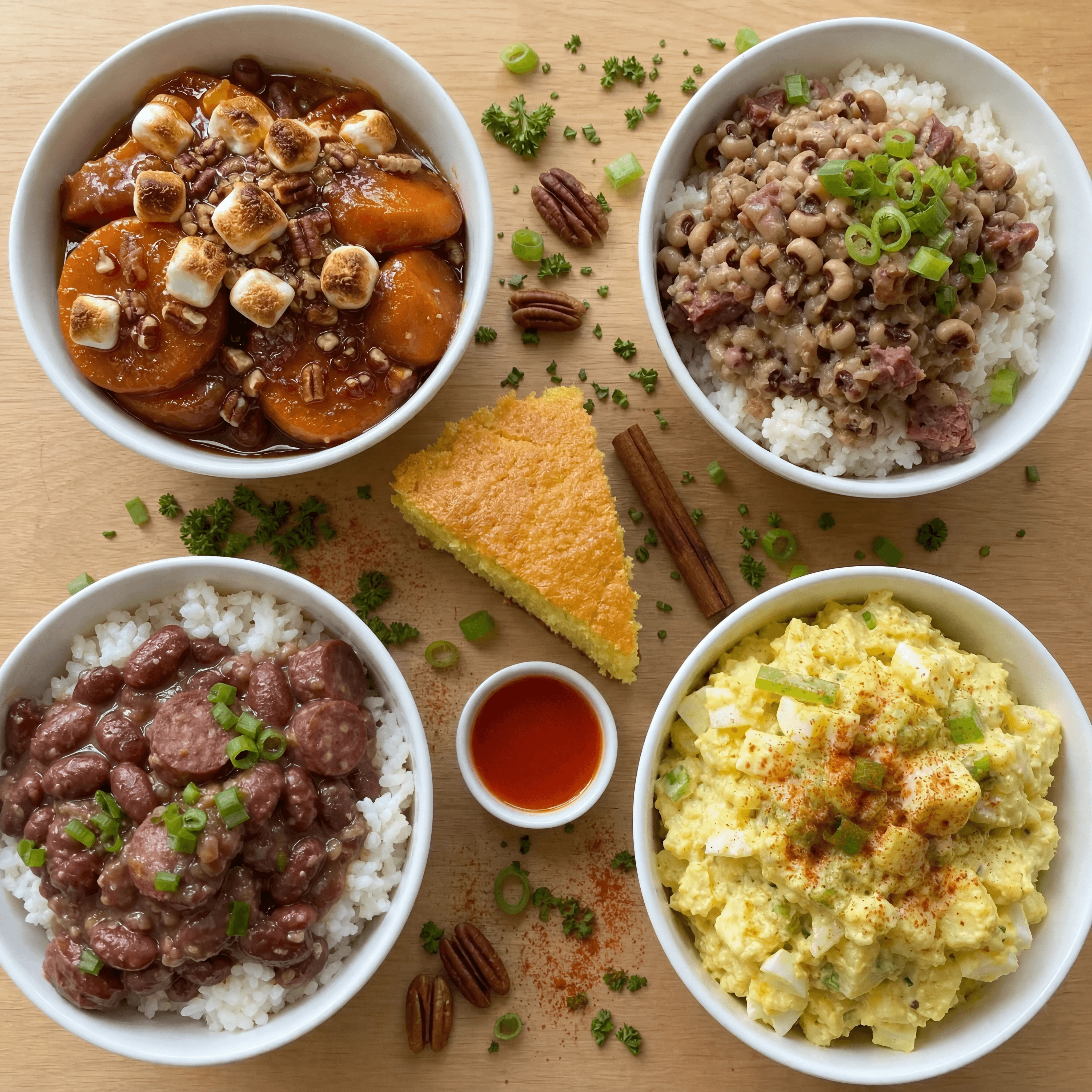 Candied yams marshmallow black-eyed peas rice soul food sides overhead light wood — candied yams sides card photography