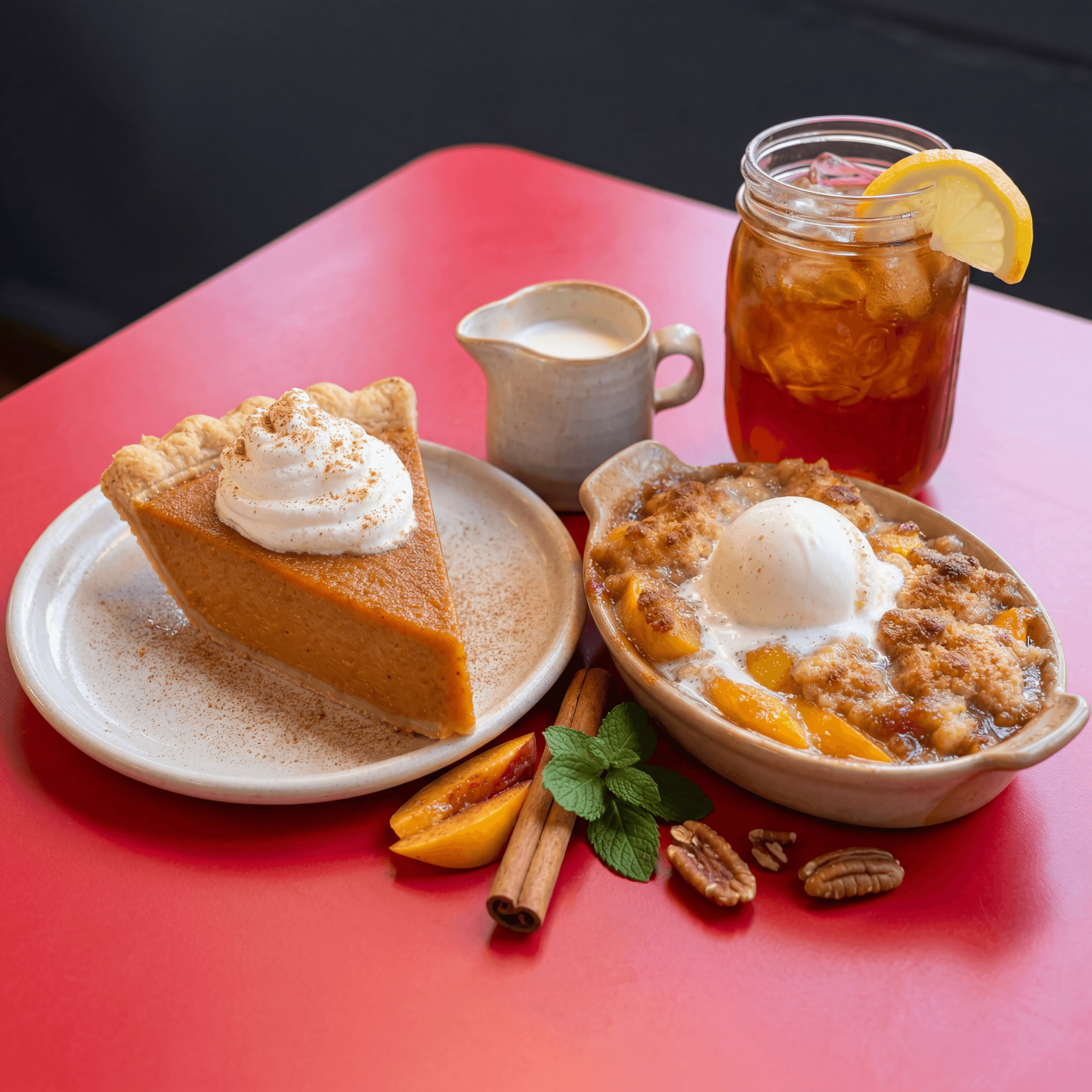 Sweet potato pie peach cobbler soul food desserts slice red cafe — sweet potato pie card photography