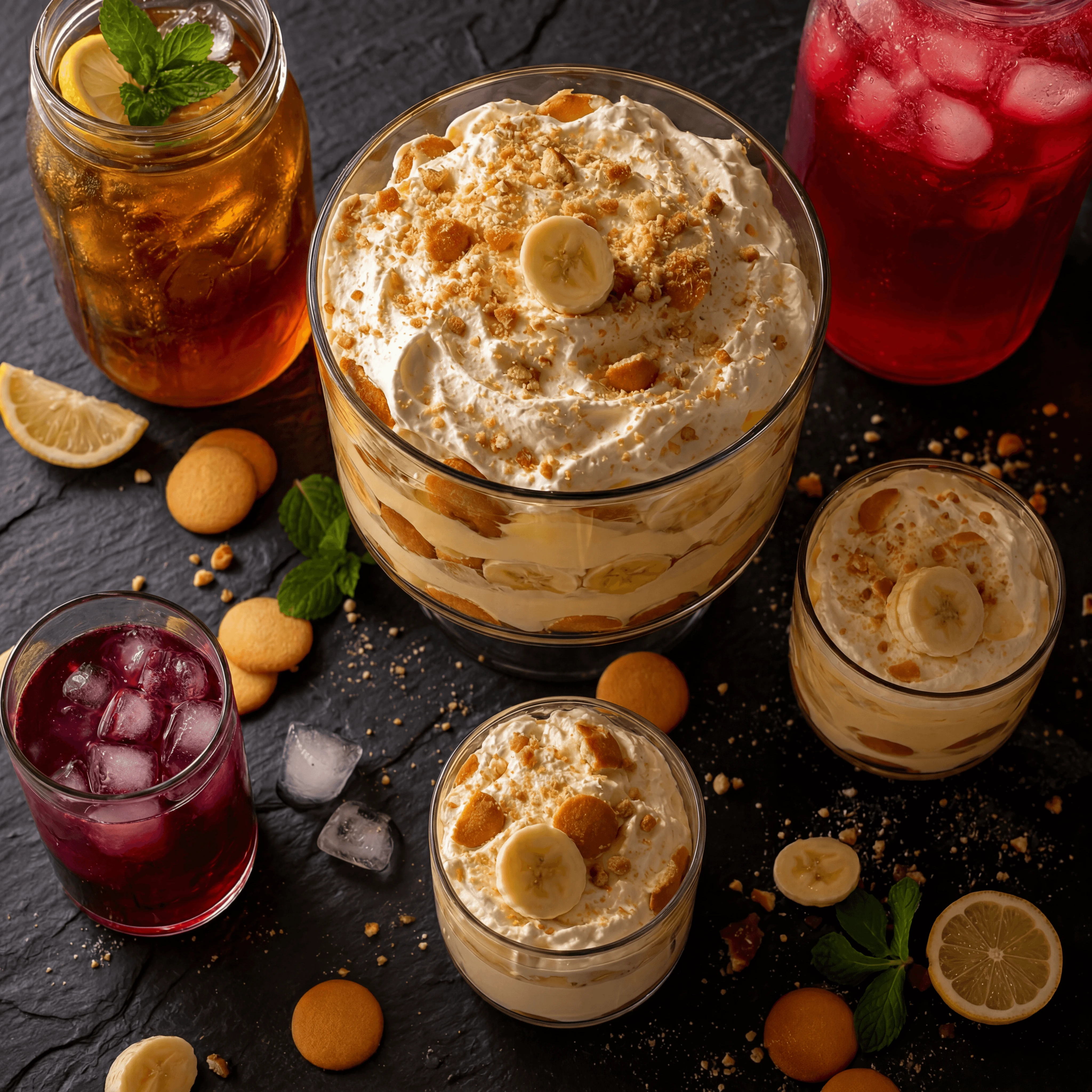 Banana pudding vanilla wafer sweet tea kool-aid soul food drinks overhead dark slate — banana pudding card photography