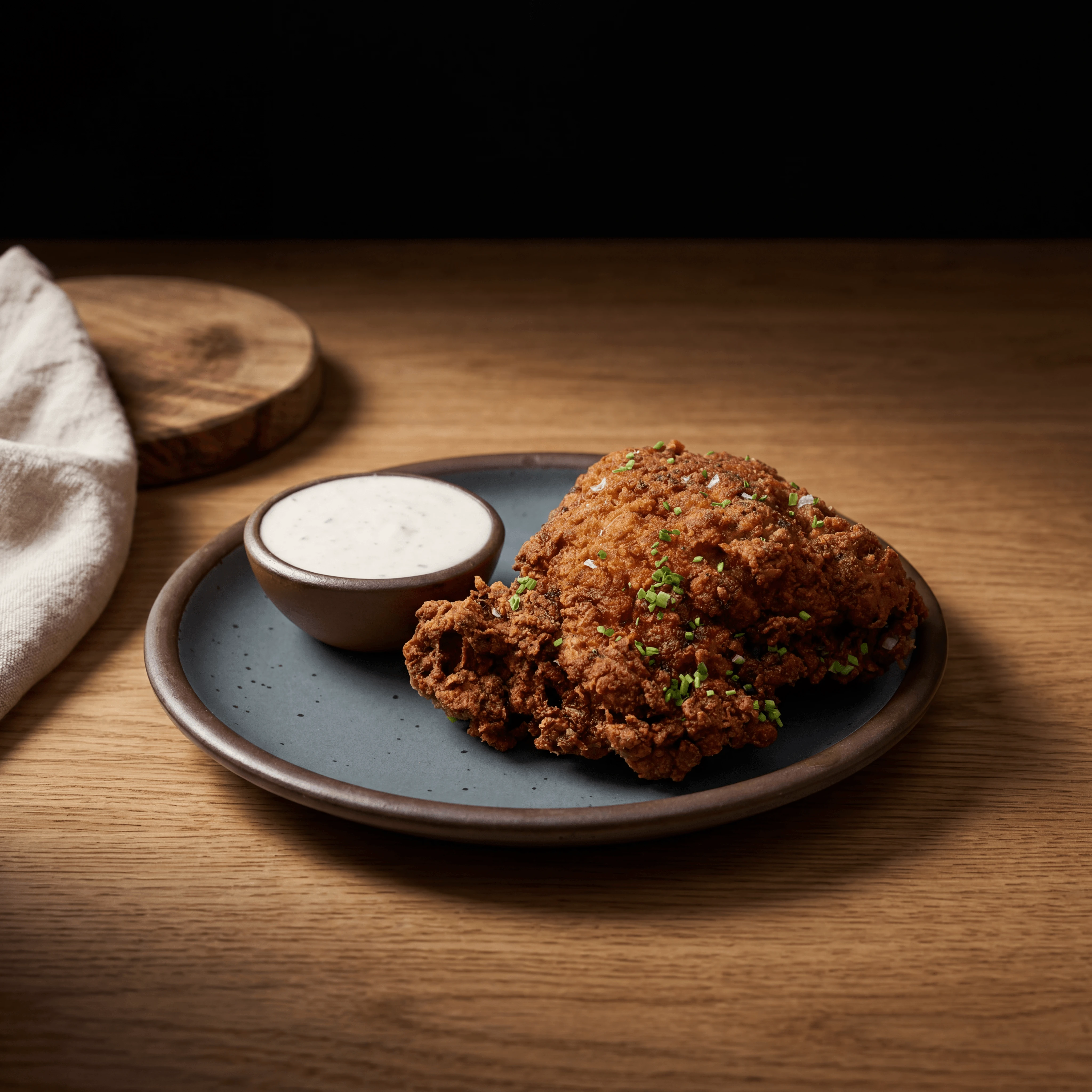 Buttermilk fried chicken golden crispy crust macro plate soul food — iconic fried chicken FAQ sidebar photography