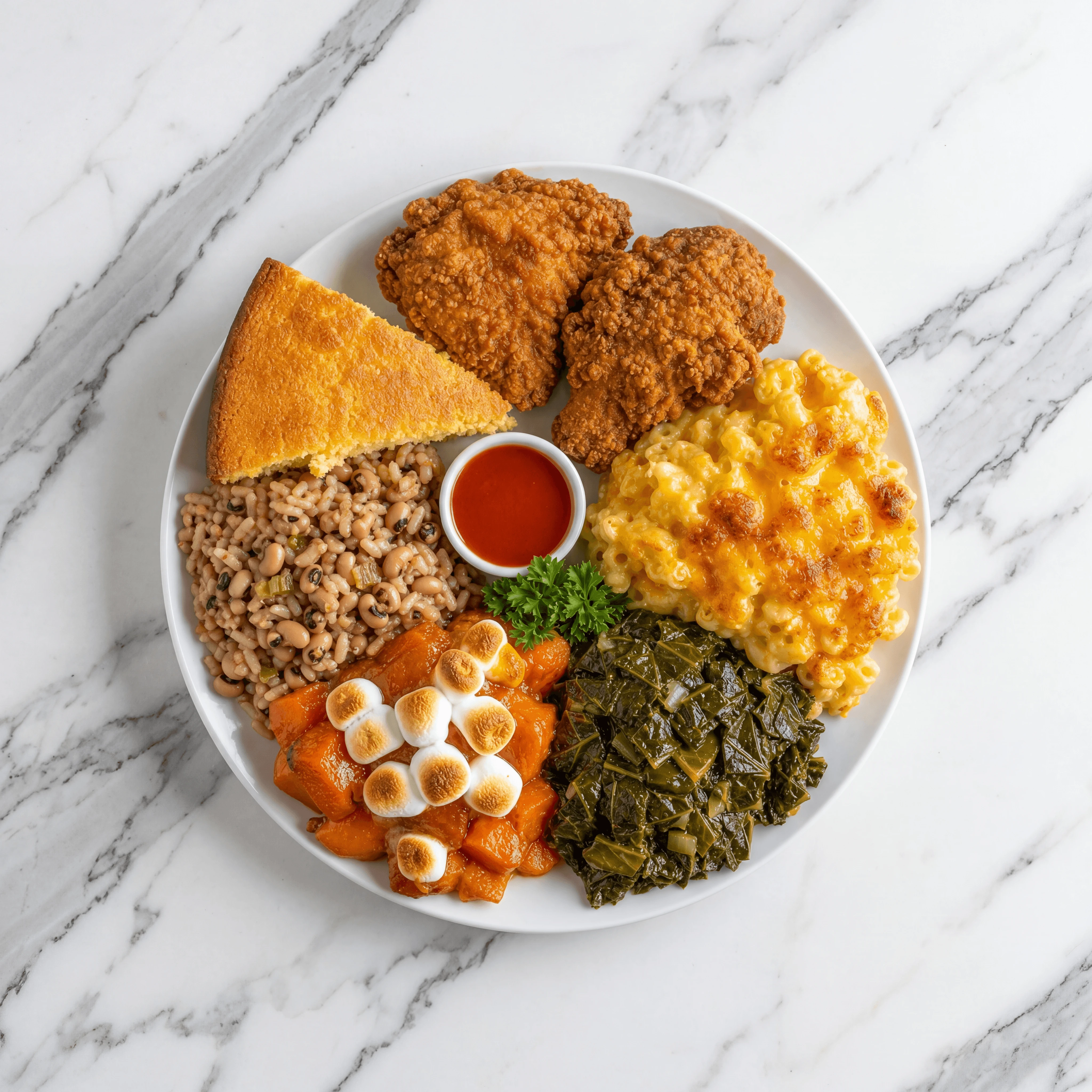 Soul food combo plate fried chicken mac cheese collards yams cornbread overhead — soul food plate hero photography