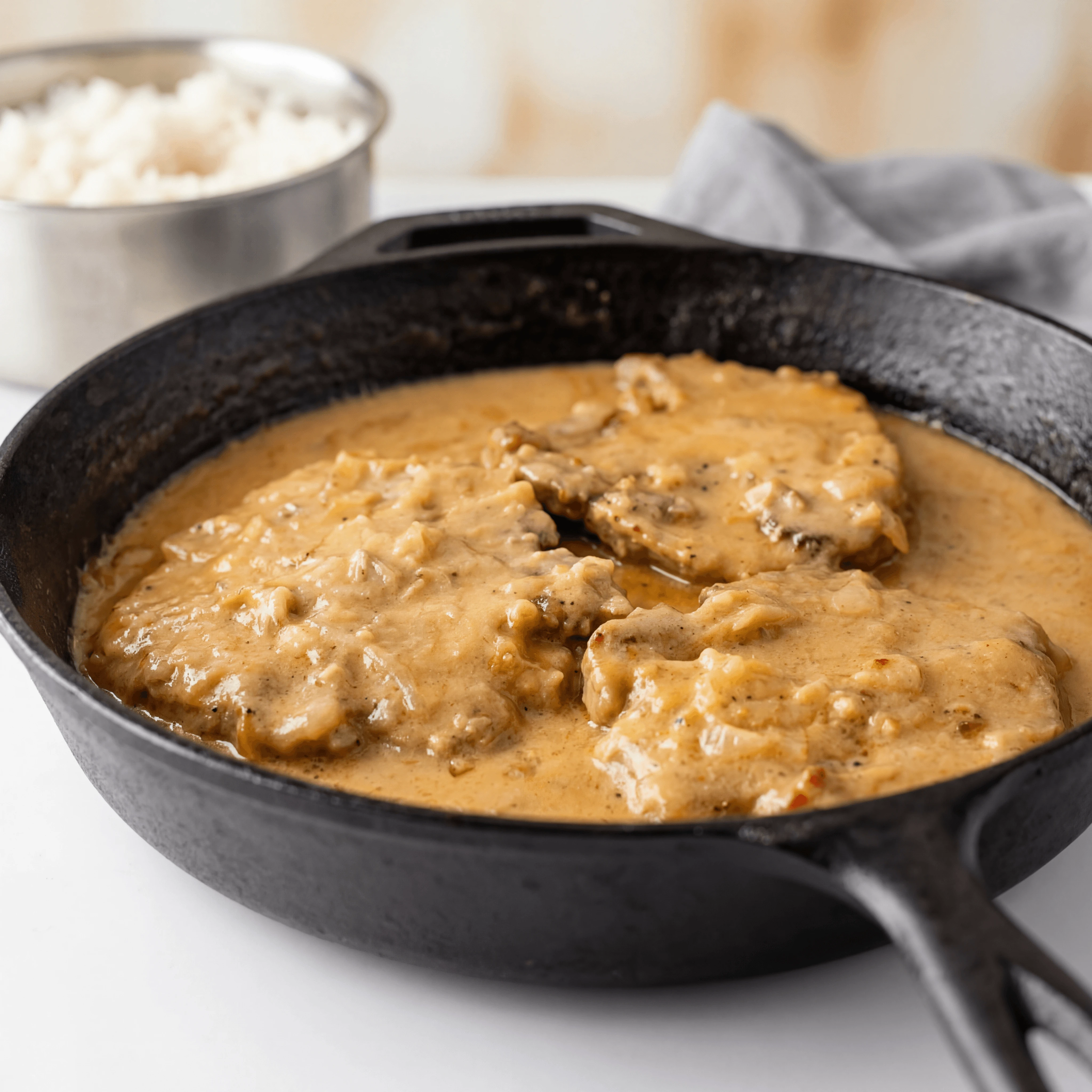 Smothered pork chops onion pepper gravy rice soul food plate — smothered chops hero photography