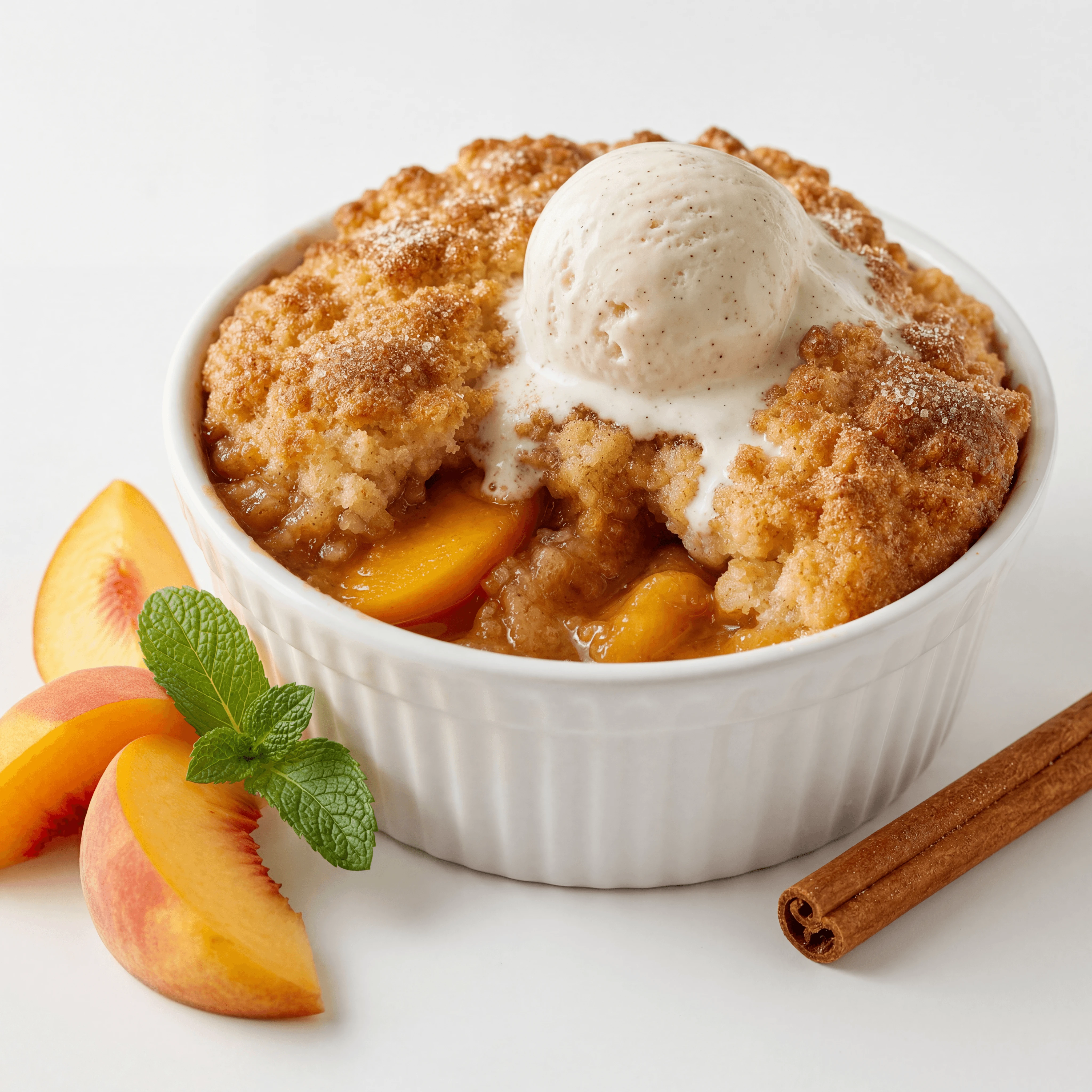 Peach cobbler bubbling fruit biscuit top vanilla ice cream soul food dessert — peach cobbler hero photography