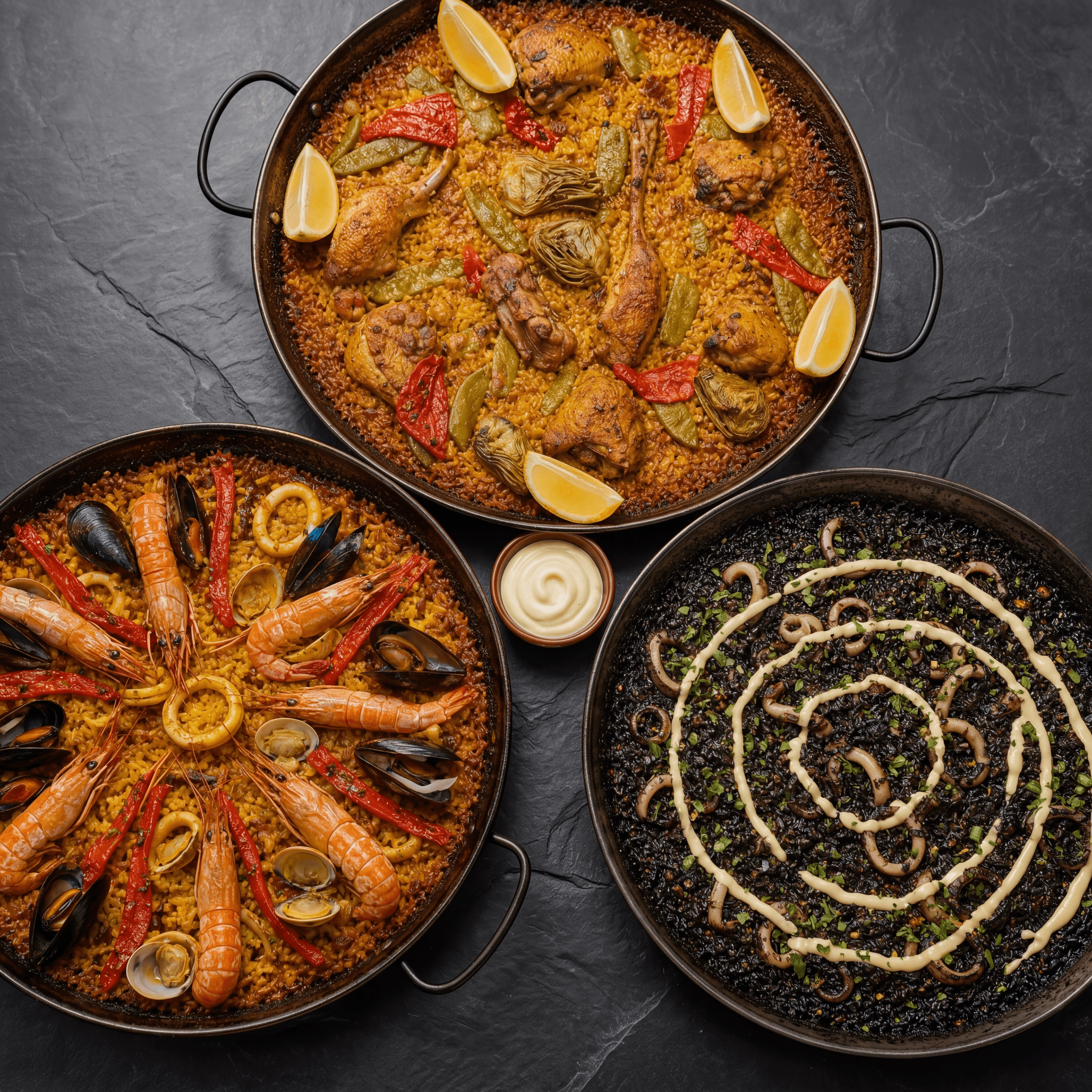 Three Spanish rice dishes paella mariscos arroz negro overhead dark slate — paella card photography