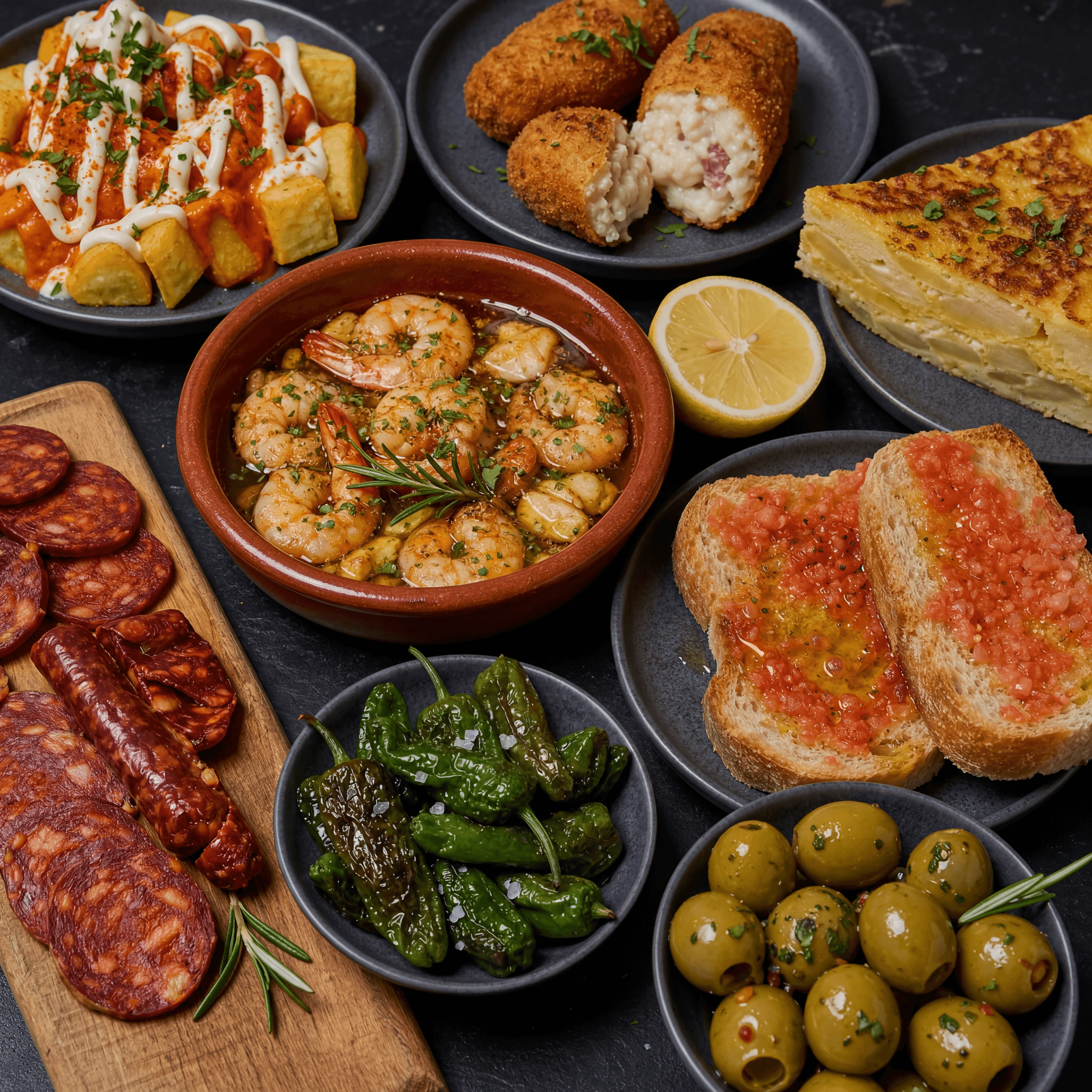 Spanish tapas small plates spread patatas bravas croquetas dark monolith dramatic — tapas card photography