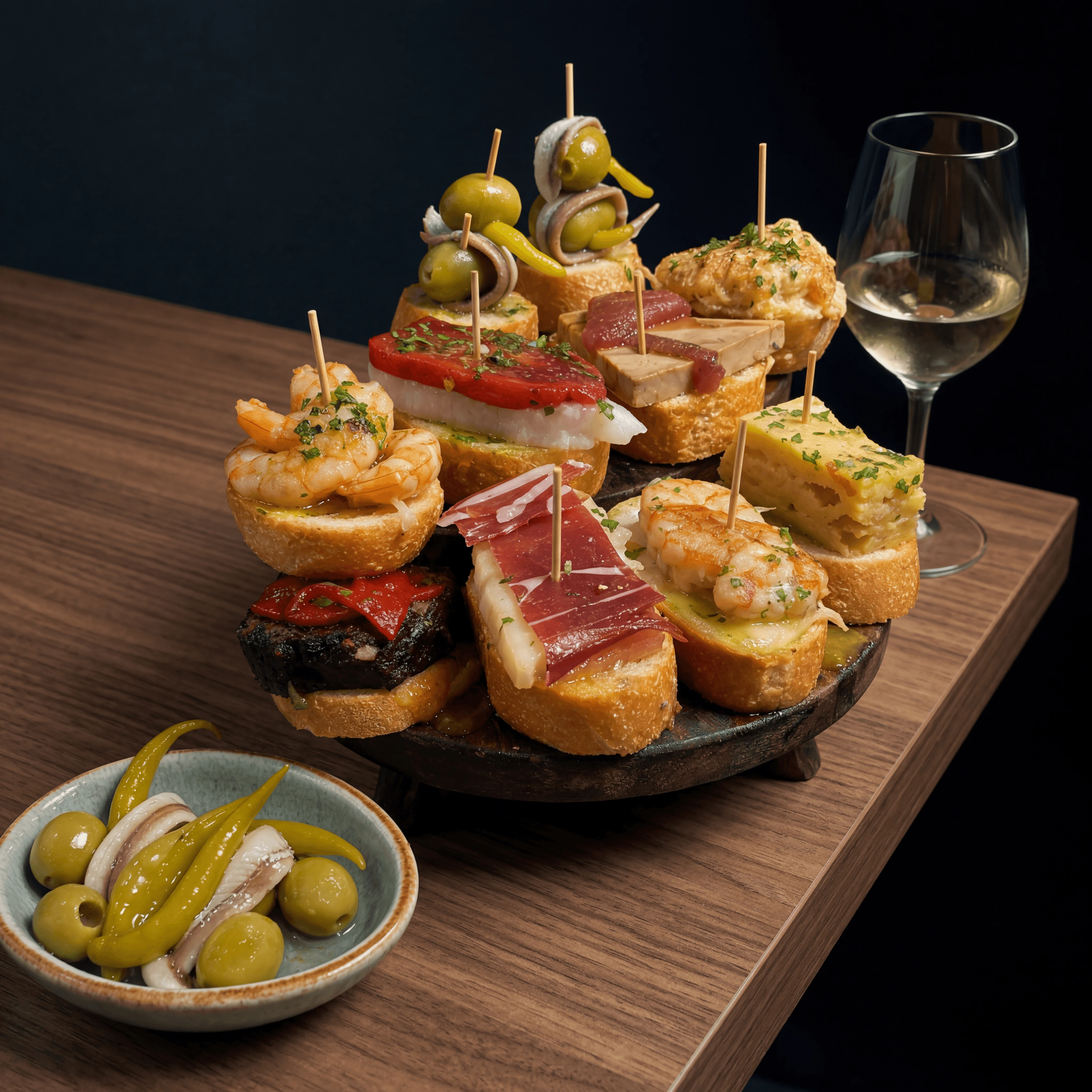 Basque pintxos counter pyramid toothpick small bites dark walnut bar — pintxos card photography