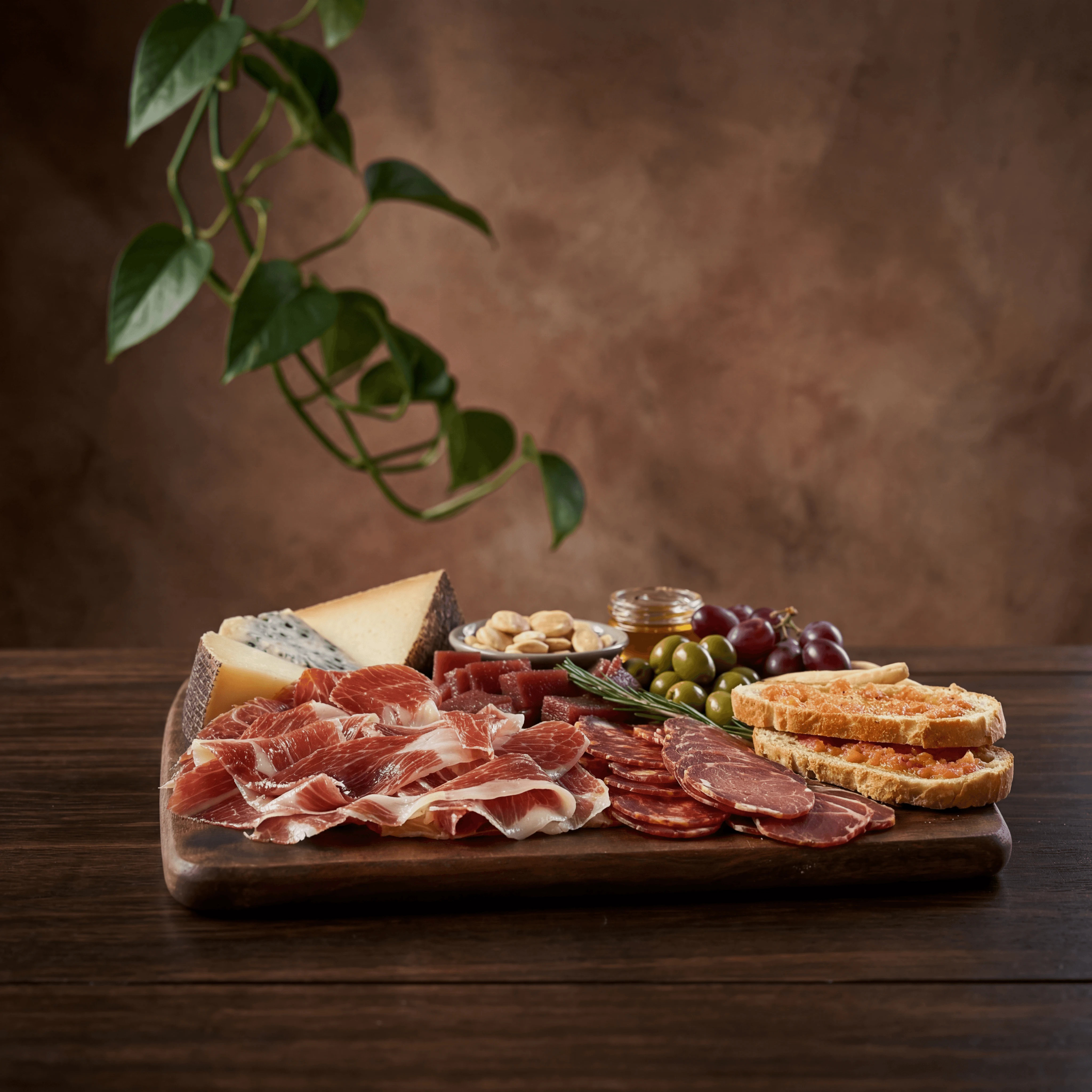 Jamon iberico sliced manchego idiazabal quince paste dramatic rustic board — jamon cheese card photography