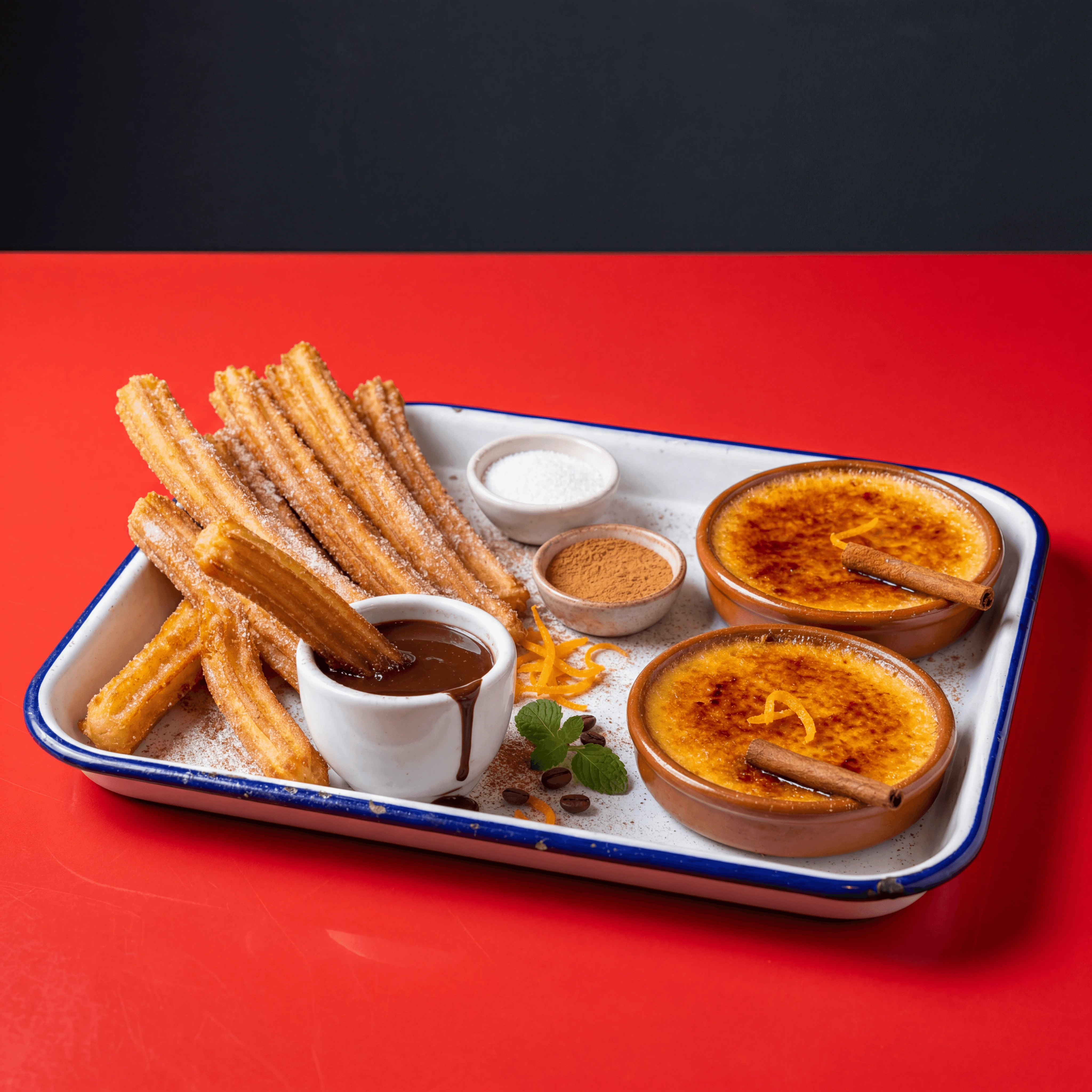Churros crema catalana Spanish desserts chocolate bruleed custard red cafe — churros card photography