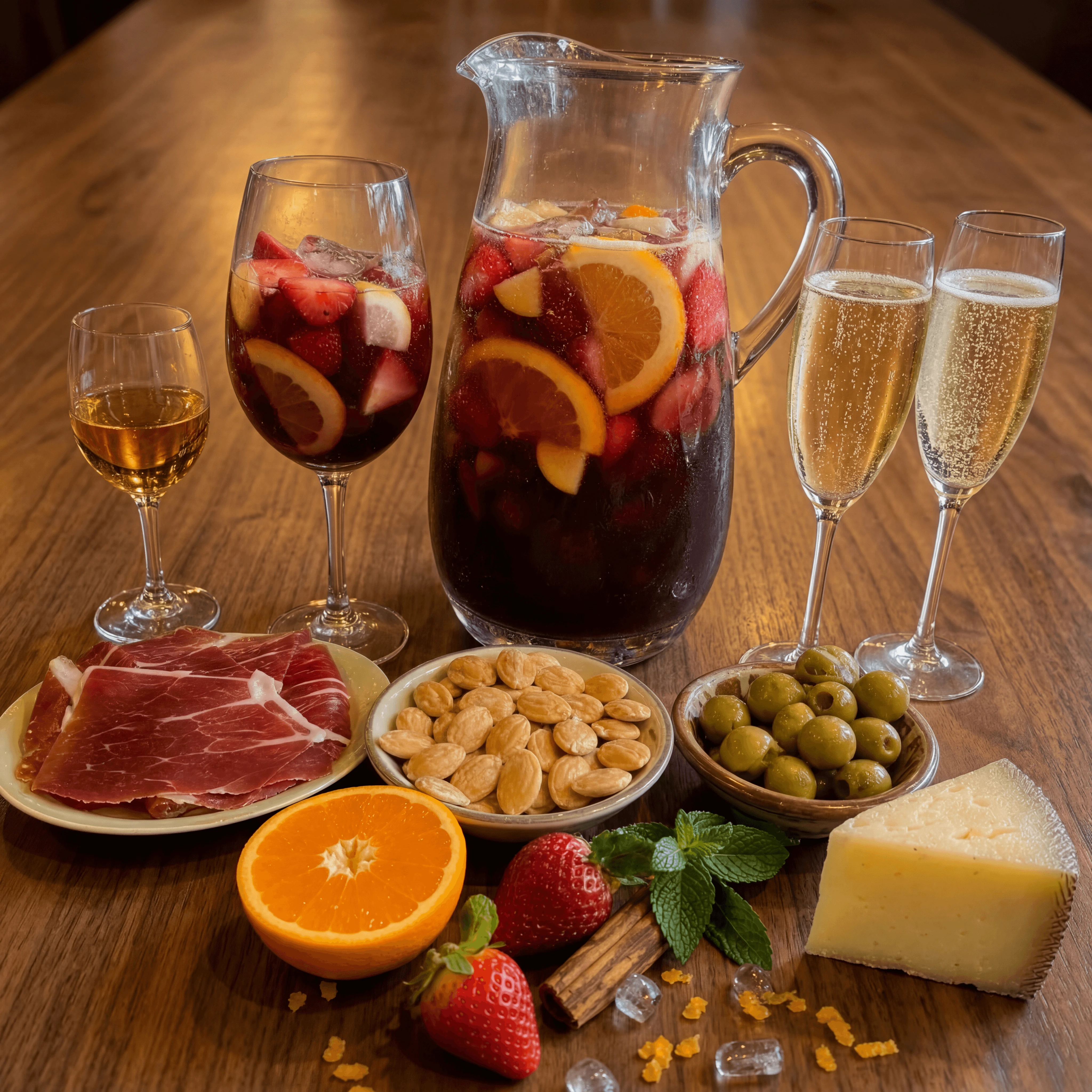 Spanish sangria pitcher sherry copita cava wine pairings warm cantina bar — sangria card photography