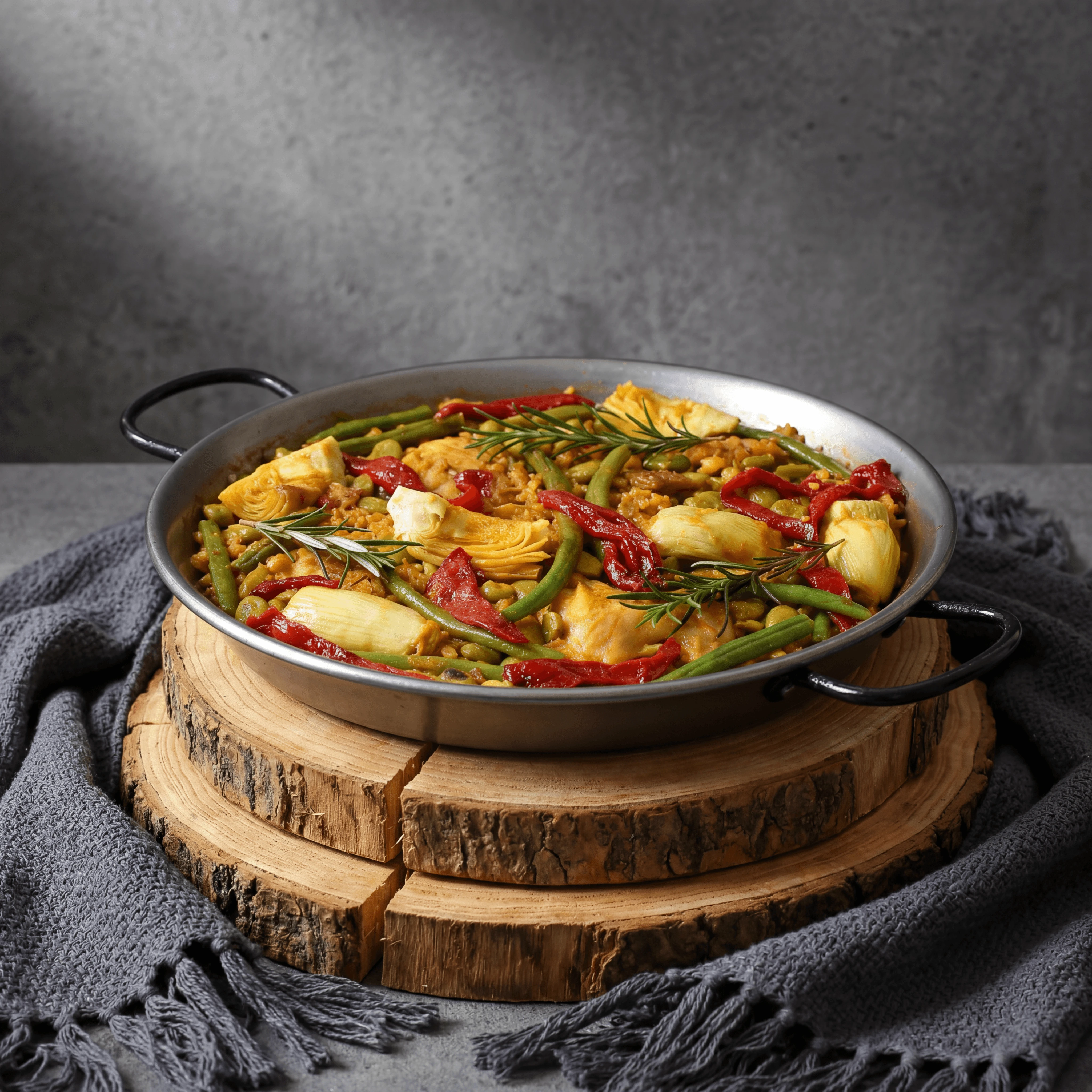 Paella valenciana socarrat saffron rice seafood macro overhead pan — iconic paella FAQ sidebar photography