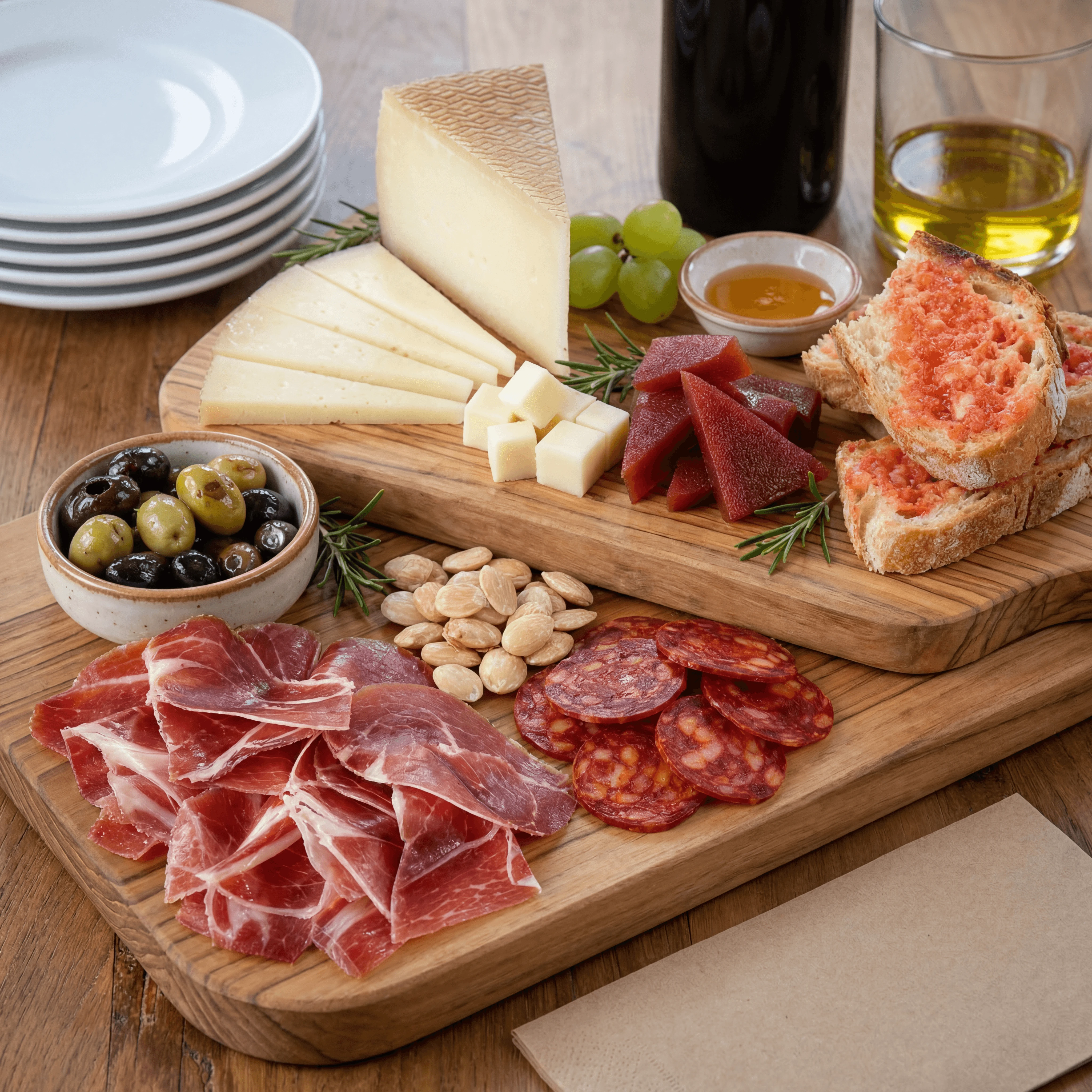 Jamon iberico sliced manchego cheese quince paste board charcuterie — jamon hero photography