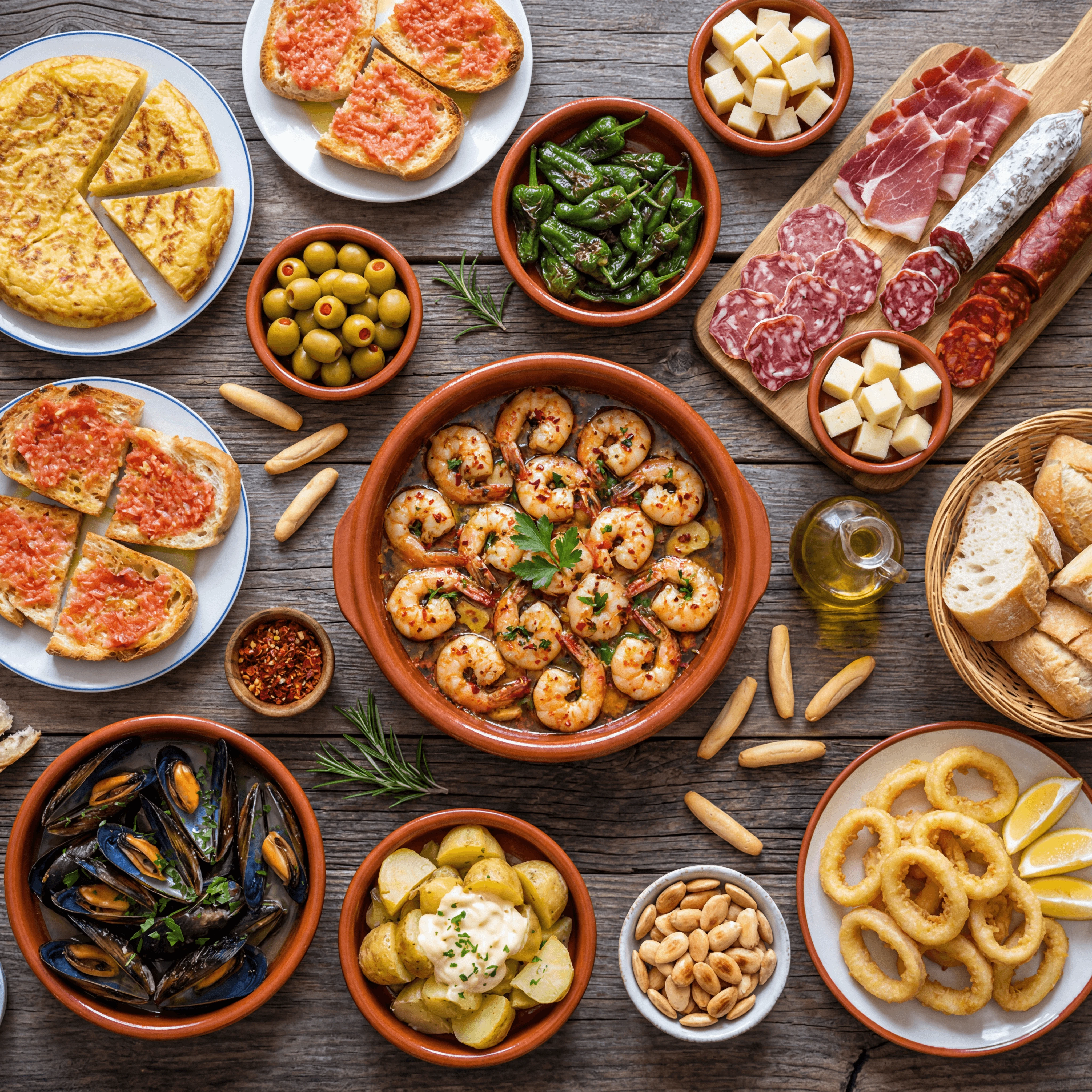 Spanish tapas spread patatas bravas croquetas tortilla small plates — tapas hero photography