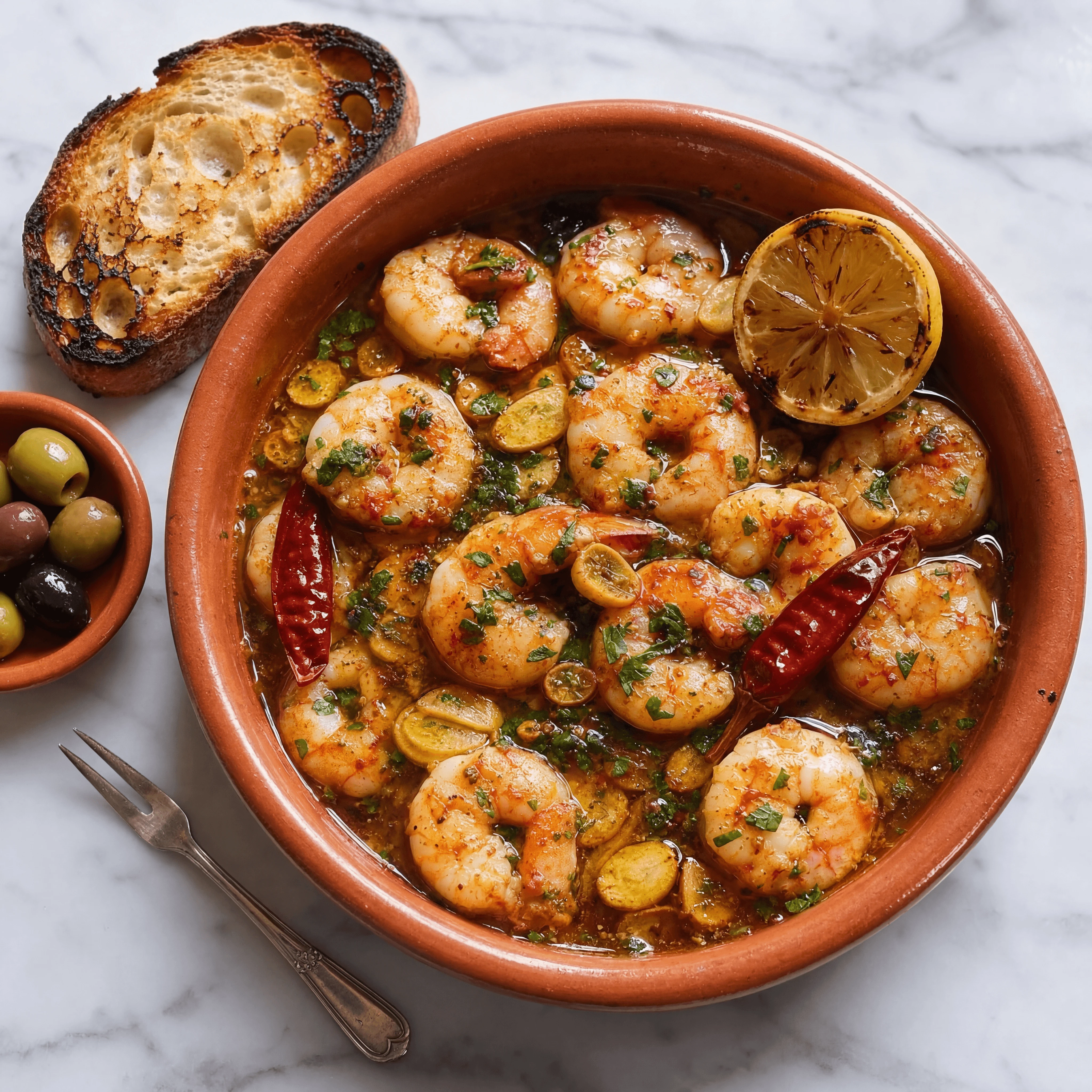 Gambas al ajillo garlic shrimp clay cazuela sizzle olive oil chili — gambas hero photography