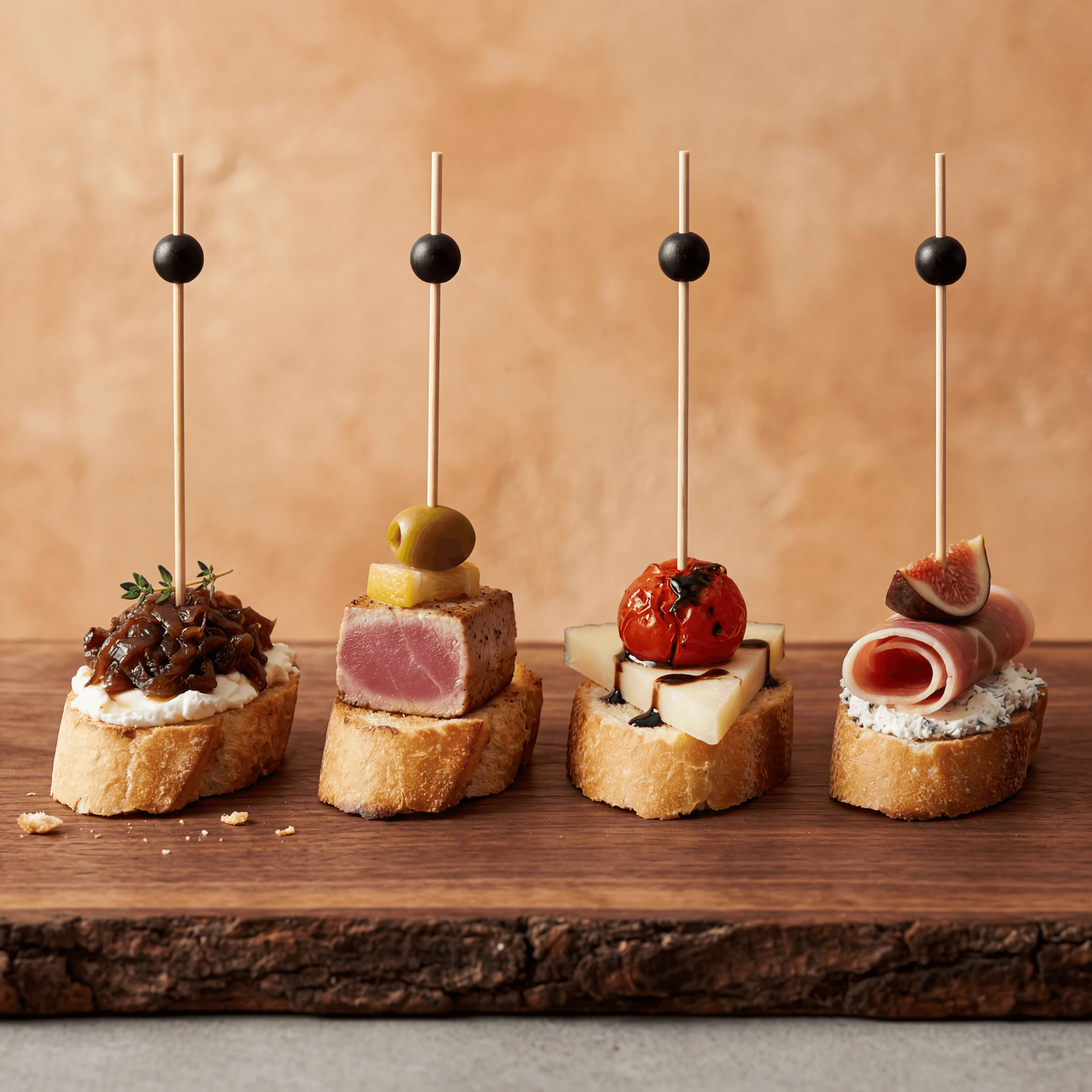 Pintxos pyramid skewered small bites bar counter Basque toothpick — pintxos hero photography