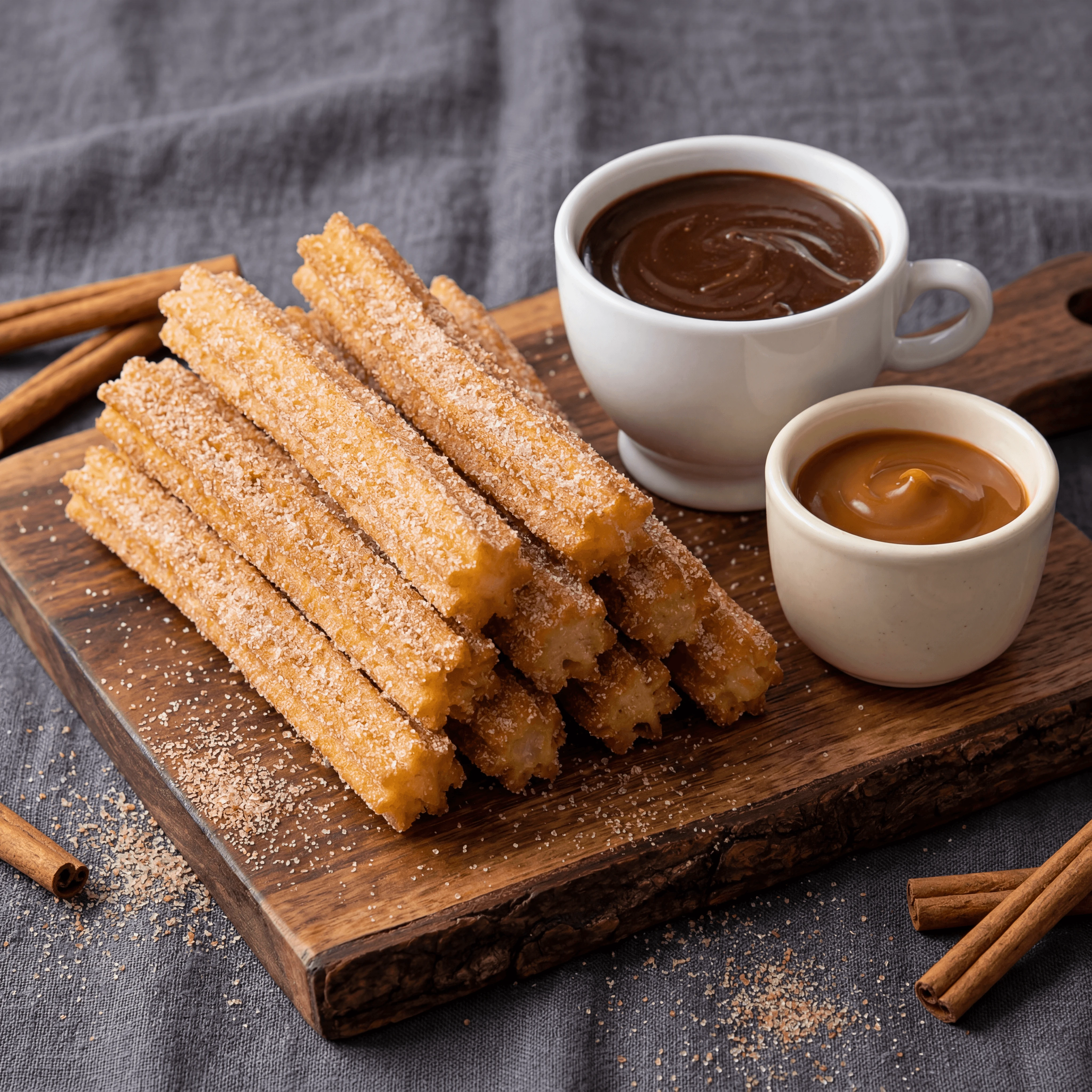 Churros con chocolate fried dough sticks thick hot chocolate cup — churros hero photography