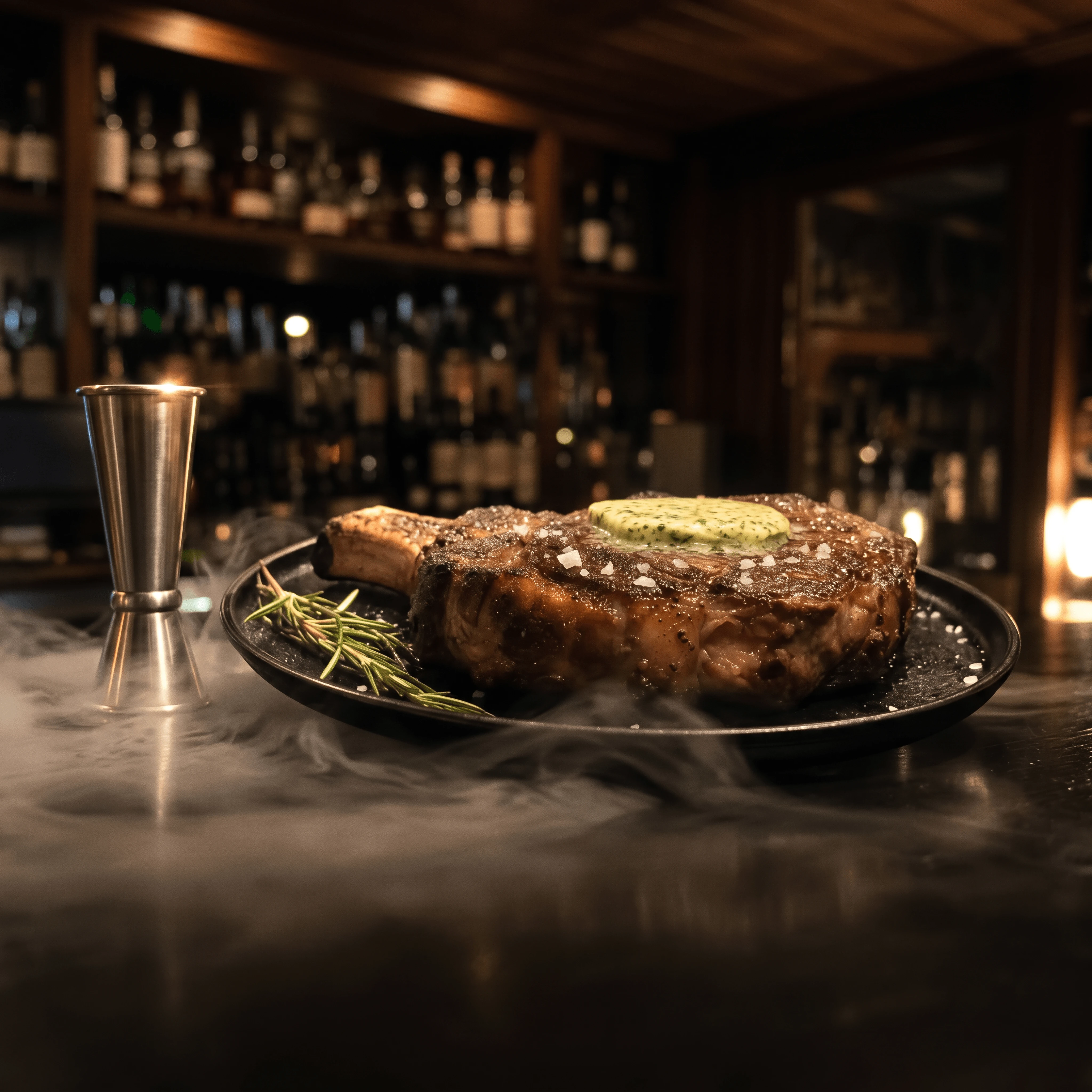 Bone in dry aged ribeye herb butter cast iron rosemary — ribeye hero card photography