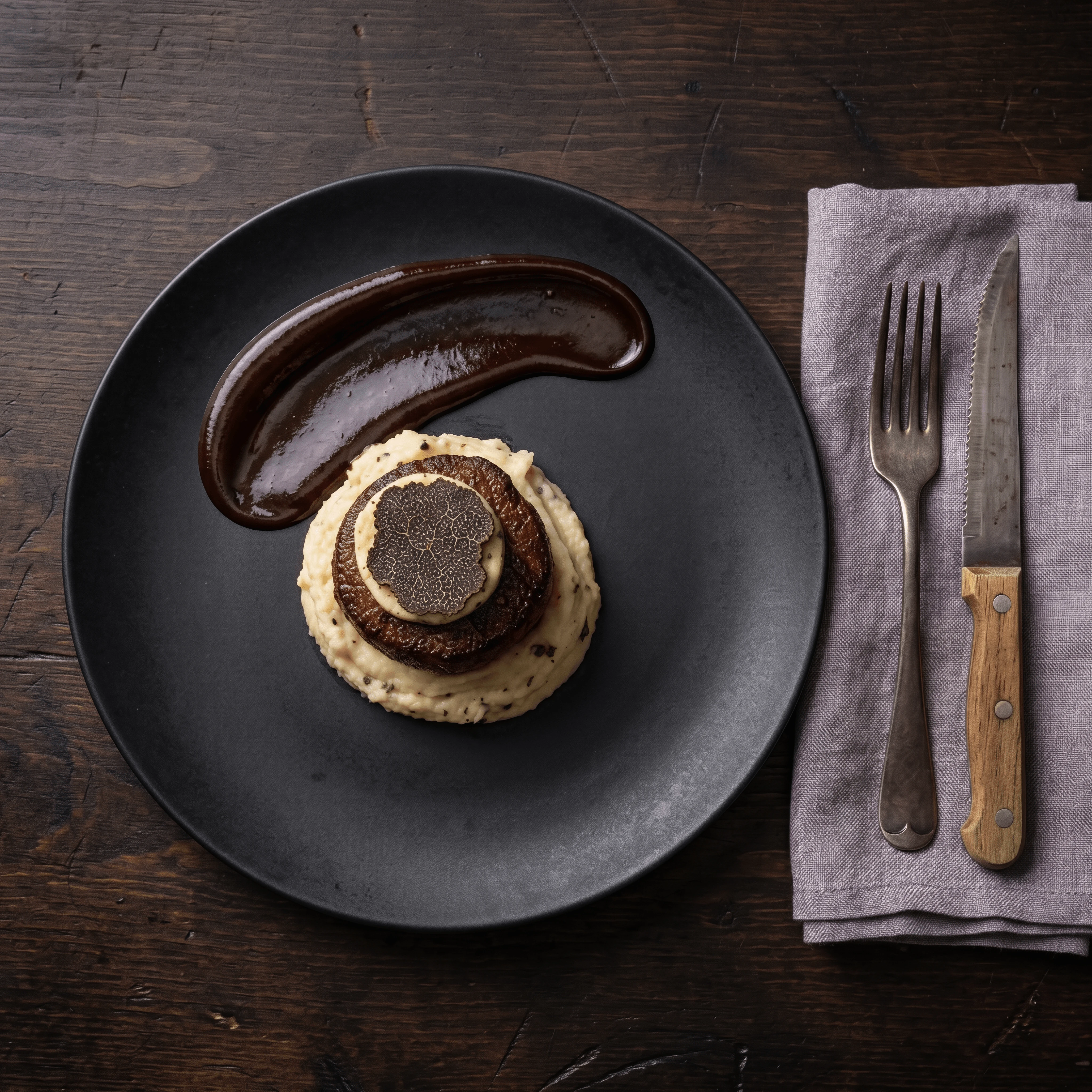 Filet mignon truffle bordelaise mashed potato fine dining — filet mignon card photography