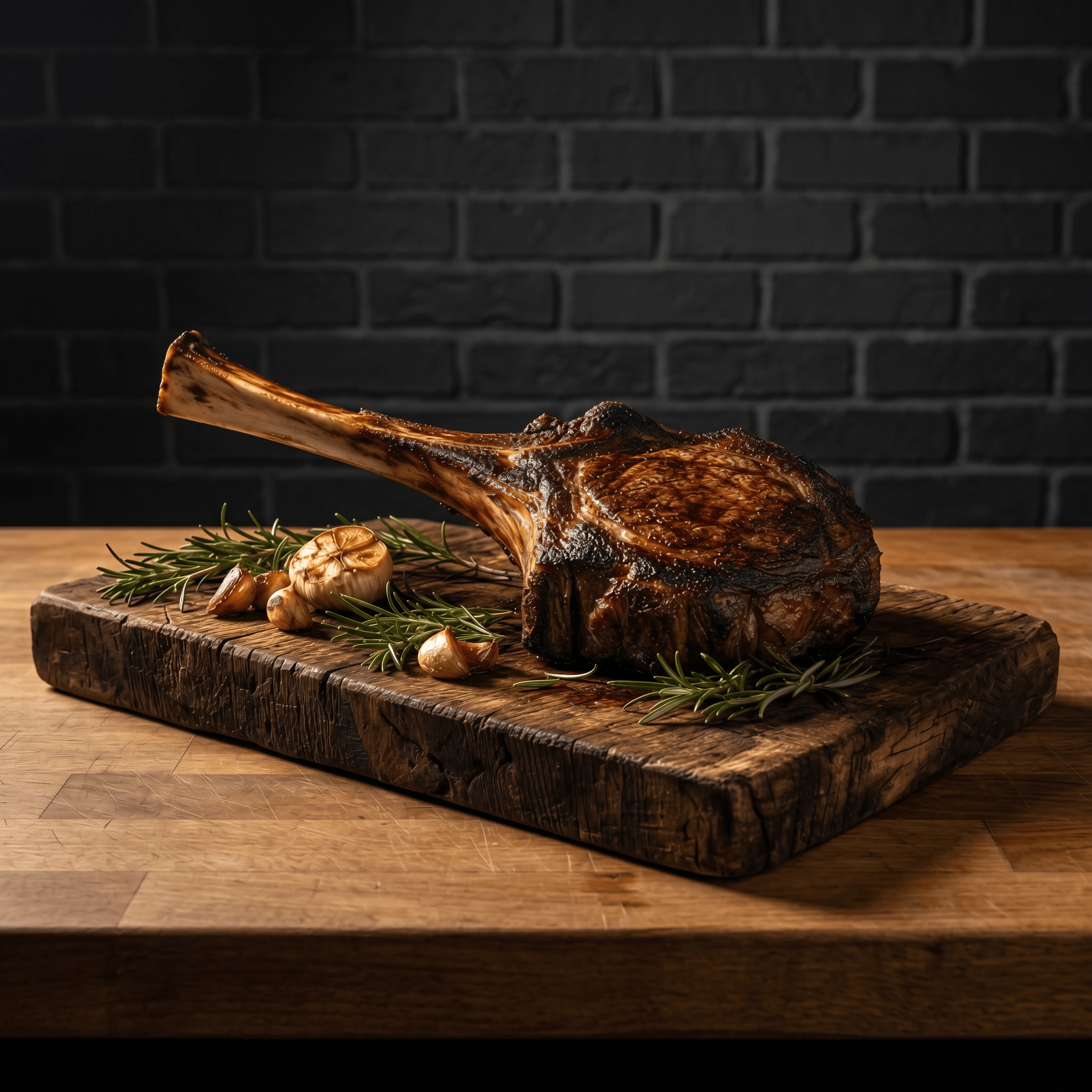 Thirty six ounce tomahawk steak rosemary cutting board frenched bone — show cut card photography