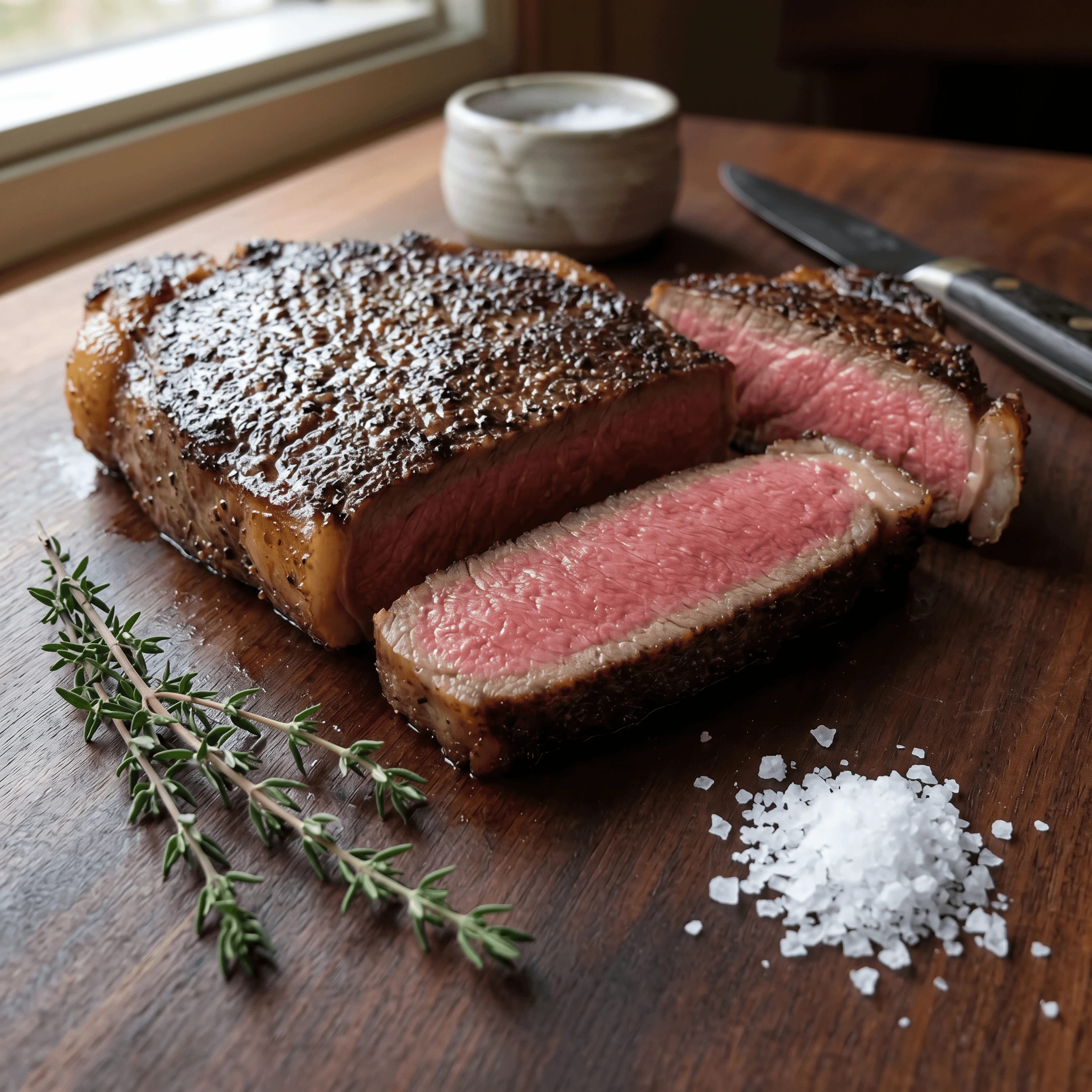 Reverse sear ribeye cross section sliced medium rare gradient — doneness card photography