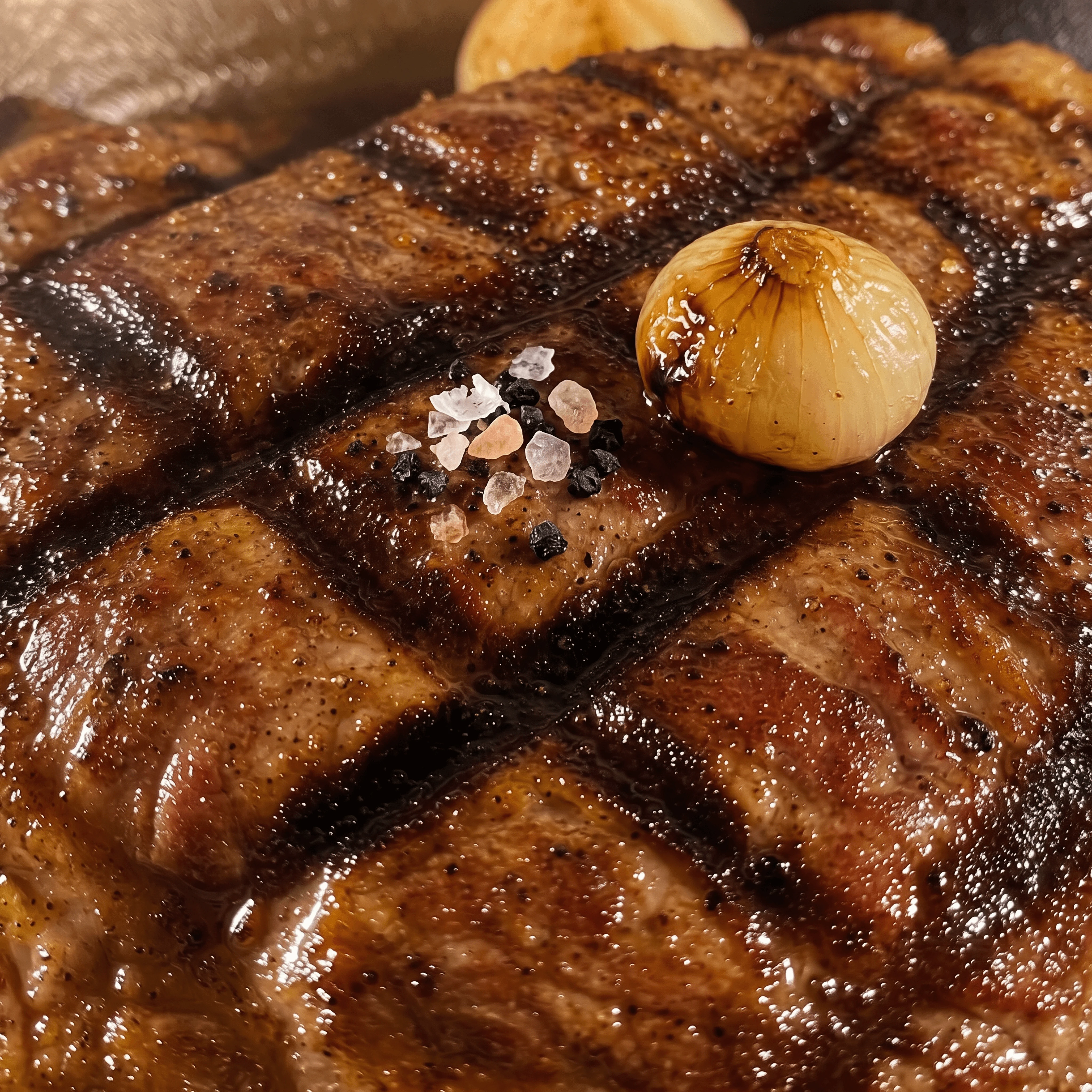 Steak grill mark crust char macro peppercorn sea salt — crust macro card photography