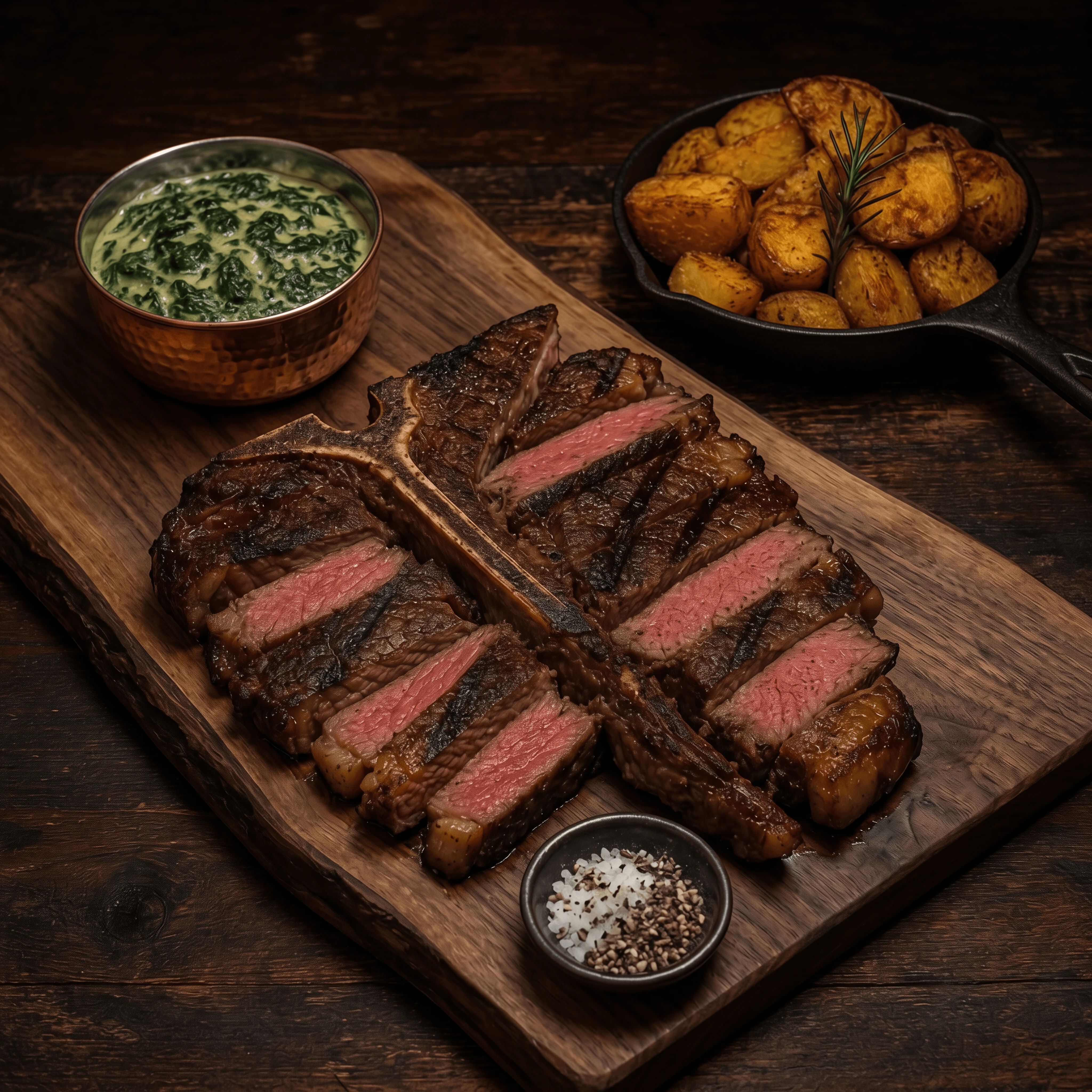 Porterhouse steak creamed spinach roasted potatoes platter — steak platter card photography