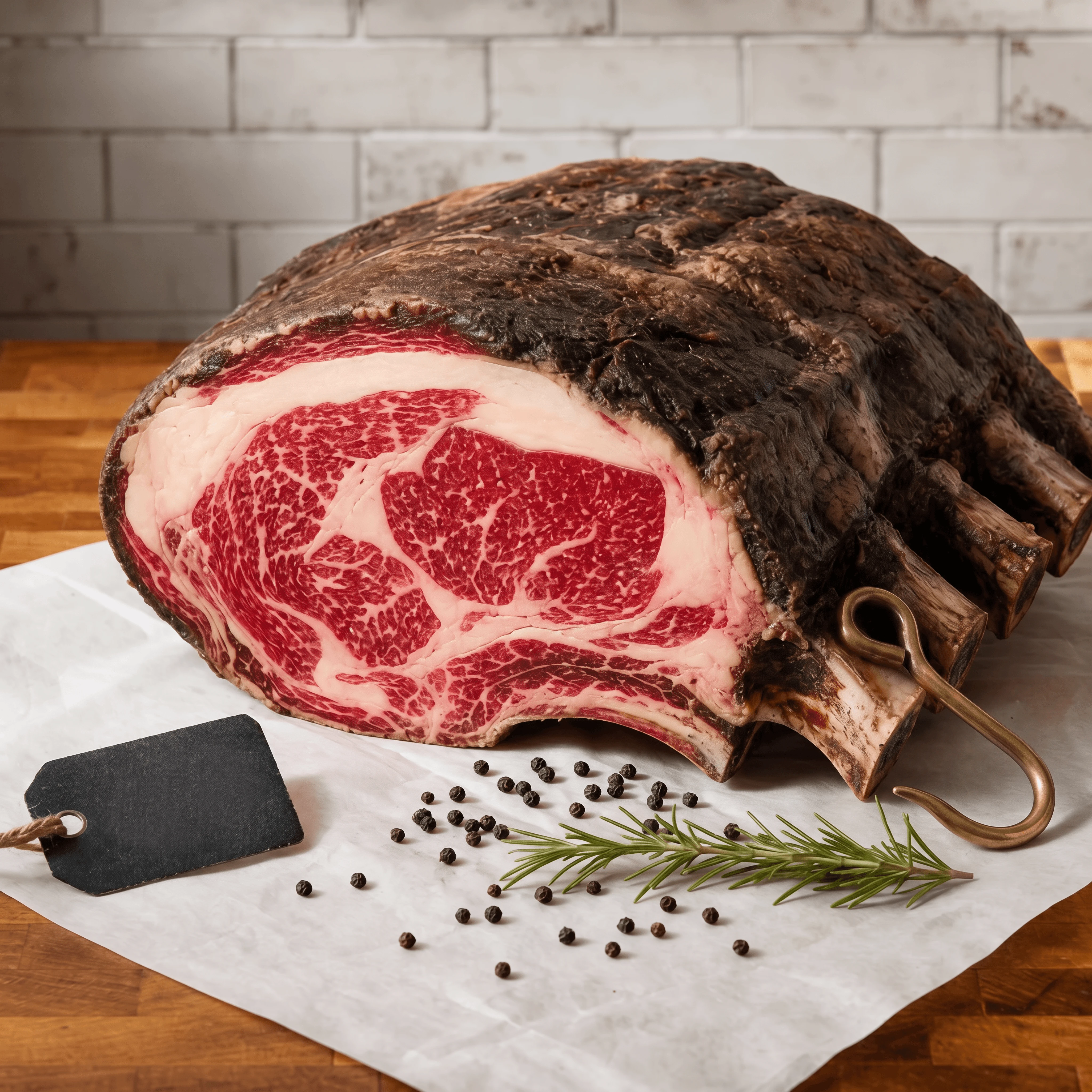 Dry aged ribeye butcher paper marbling display 60 day — dry aged butcher card photography