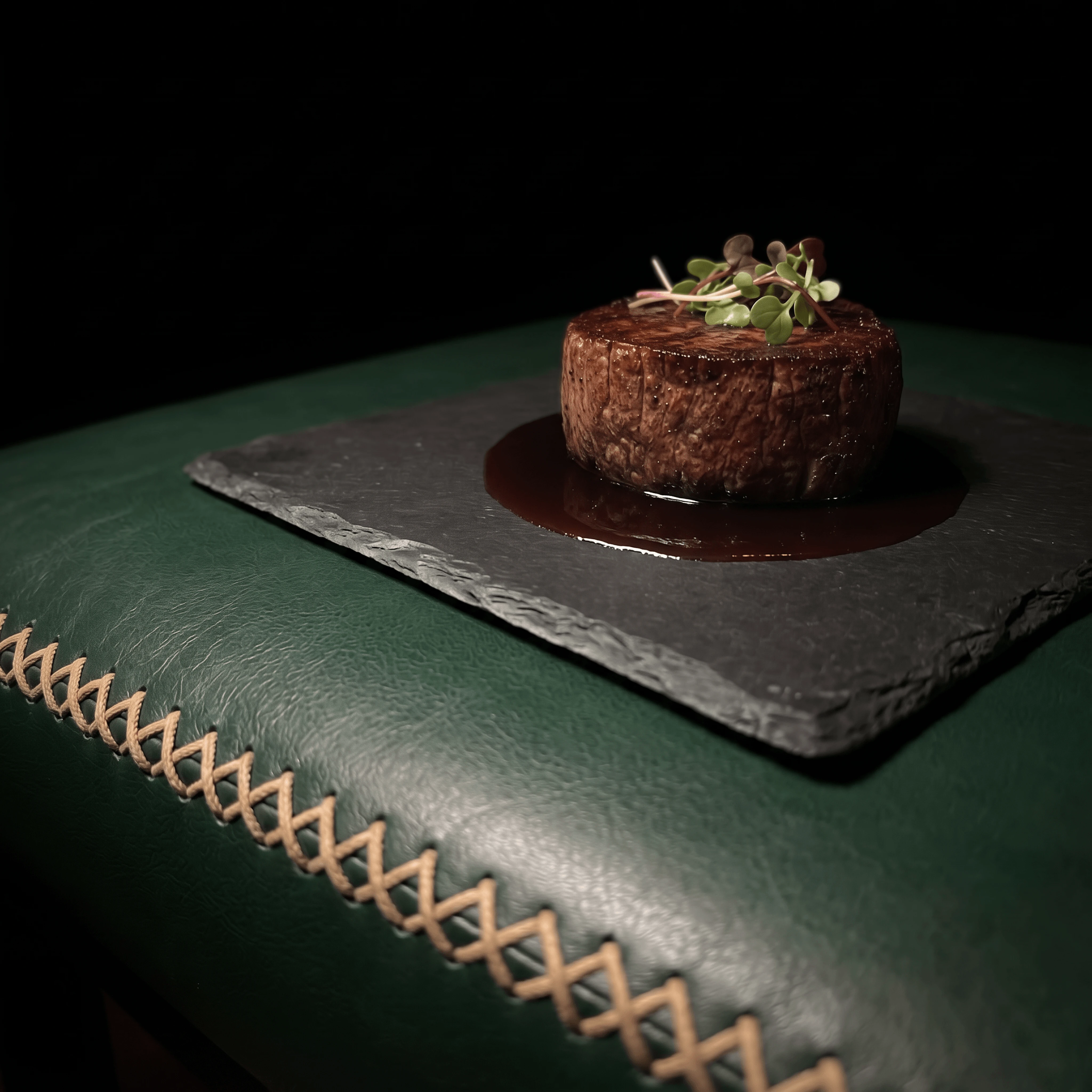 Filet mignon medallion red wine bordelaise truffle — fine dining steakhouse hero photography
