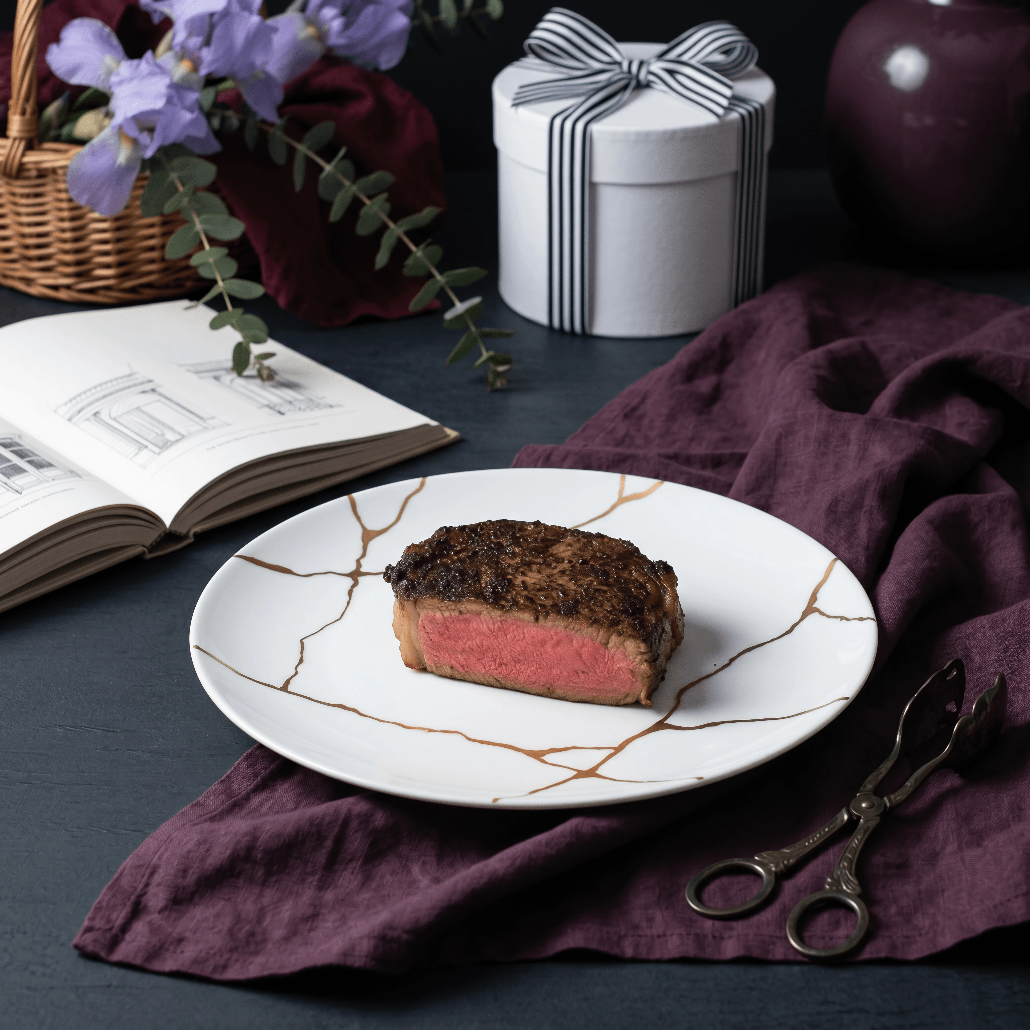 NY strip cross section medium rare doneness gradient pink center — steak doneness hero photography