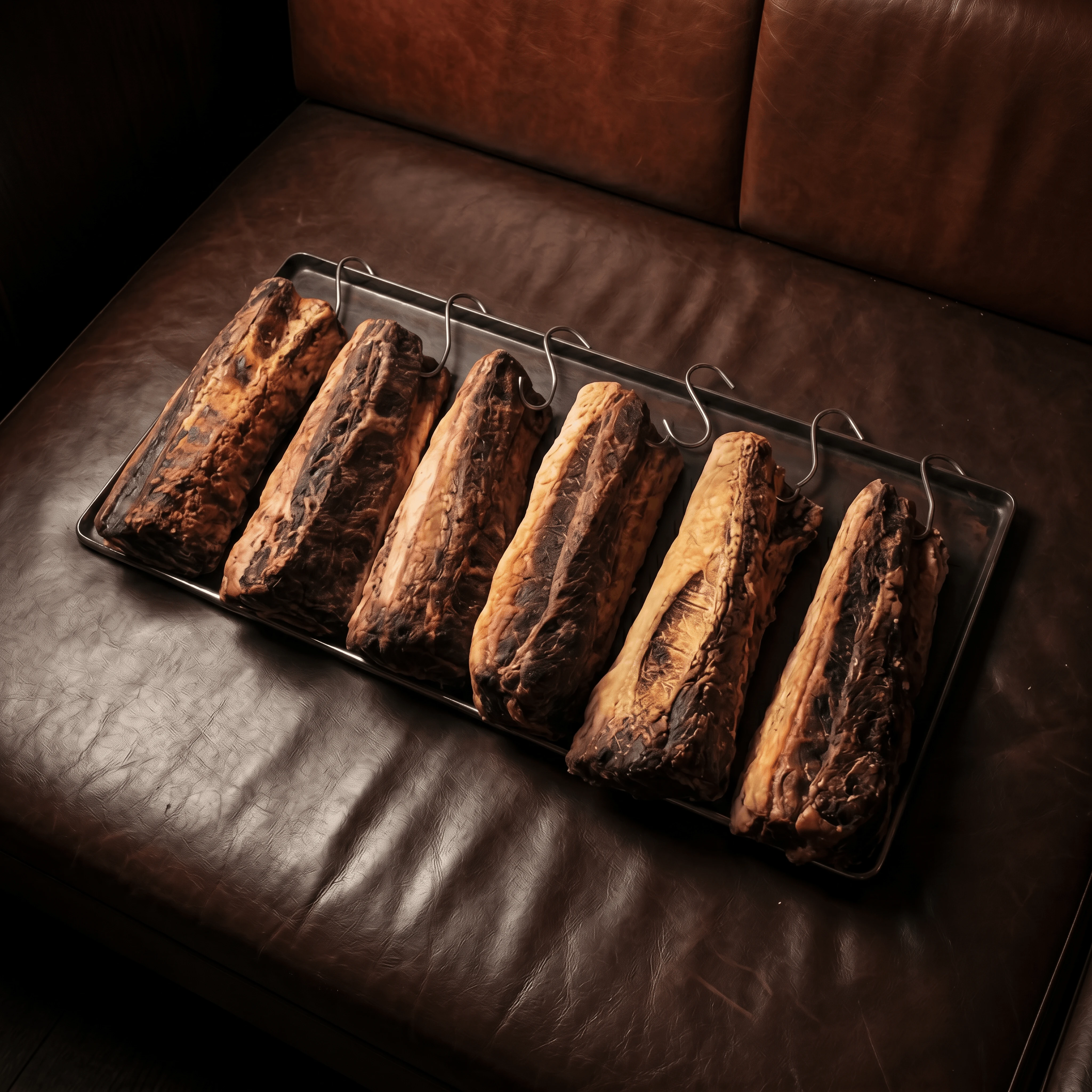 Dry aged beef butcher display case hanging marbled — butcher hero photography